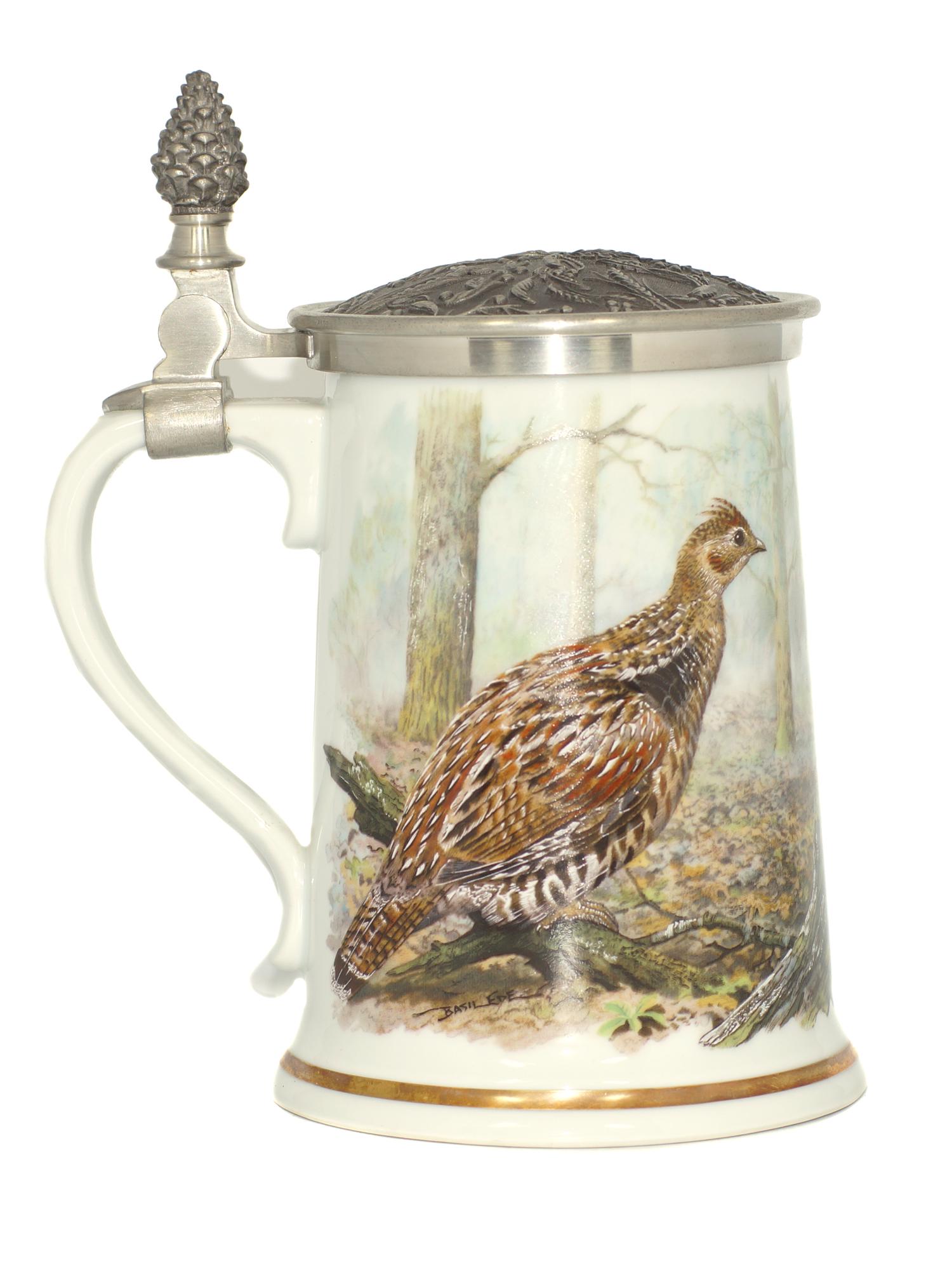 FRANKLIN PORCELAIN THE RUFFED GROUSE PEWTER LID: Vintage Franlink Porcelain Limited Edition "The Ruffed Grouse" Game Bird Beer Stein. Fine Porcelain by Haviland of Limoges by Basil Ede. Dimensions: H 7.5 in.