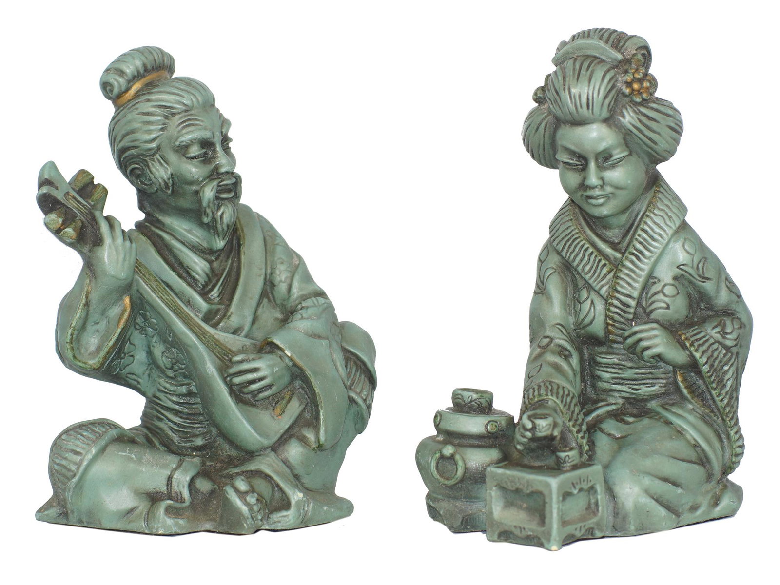 VINTAGE JAPANESE SCULPTURES: Universal Statuary Corp Vintage Japanese Sculpture. Chalkware/Plasterware 1962 collectibles of a Geisha girl engaged in a tea ceremony and an intense musician with his Biwa lute. Dimensions: H 9.25 in