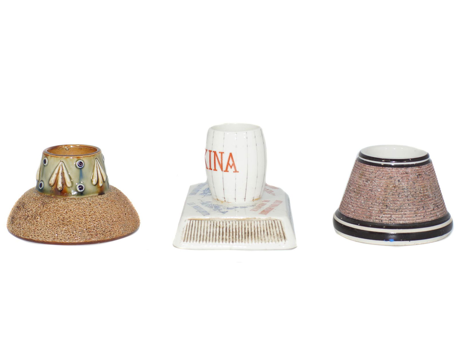 AN ANTIQUE AND VINTAGE MATCH STRIKERS AND HOLDERS: Set of 3 match strikers. First Item: Vintage Vraikina Chorot Freres porcelain beer advertisement match striker and holder. Manufactured by French company Limoges. Second Item: Antique Circa early 1900