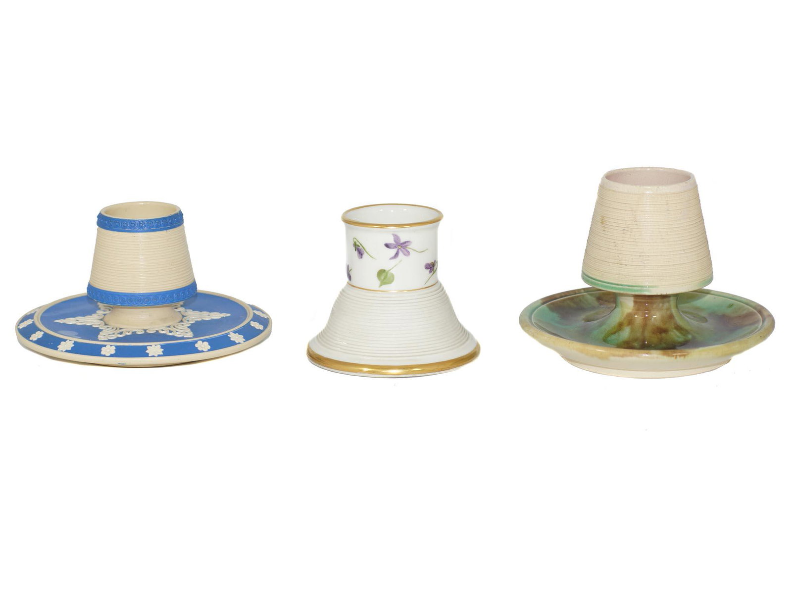 A GROUP OF THREE ANTIQUE MATCH STRIKER AND HOLDER: A set of three Limoges CFH/GDM and Copeland porcelain match strikers and holders. Dimensions: First: H 2.75 x D 5 in. Second: H 2.75 x D 3.5 in. Third: H 3.75 x D 5 in.