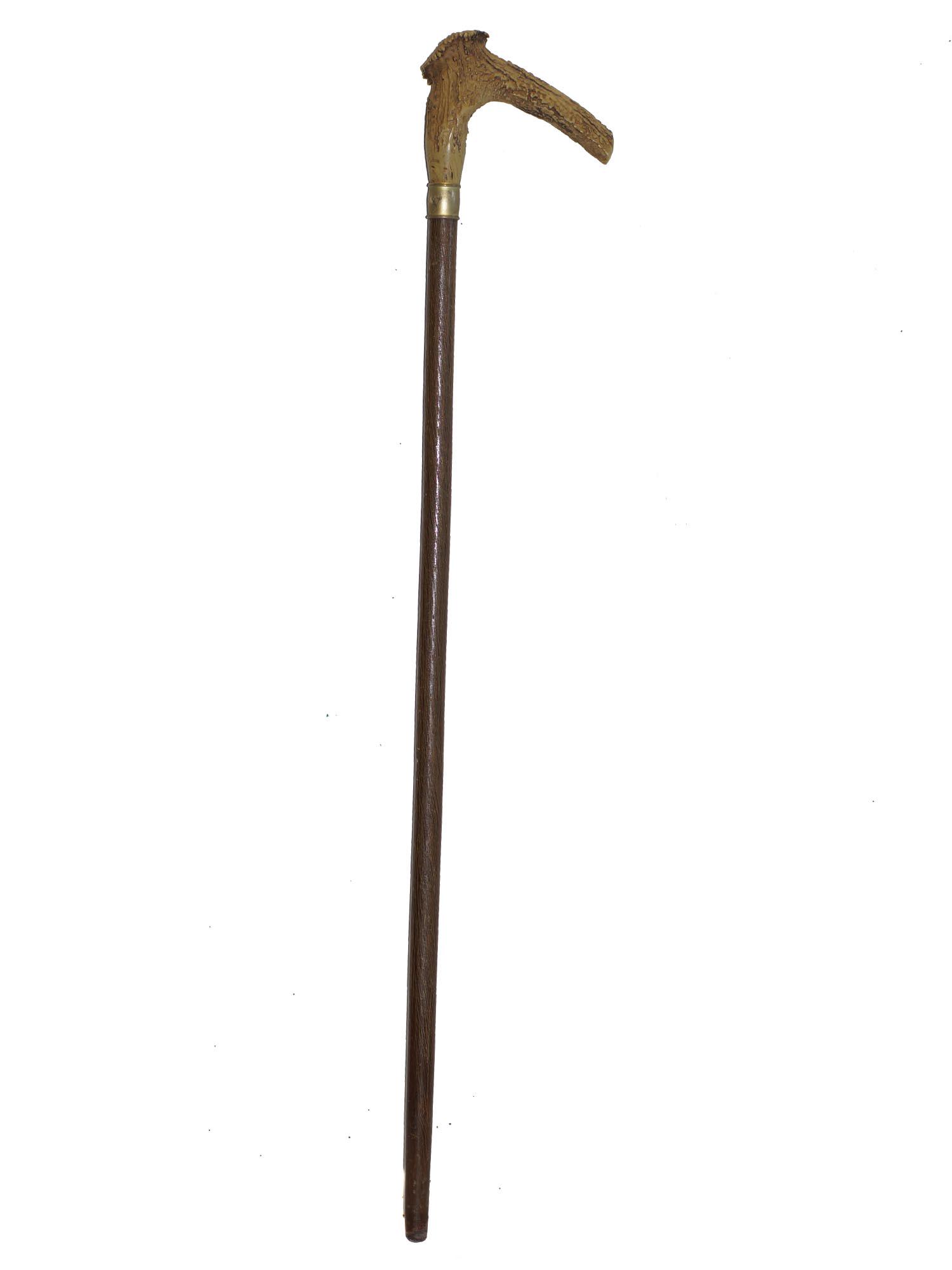 A VINTAGE STAG HORN HANDLED WALKING CANE: A genuine deer stag horn walking cane with Ovangkol wood shaft and brass collar. Dimensions: H 35 in. Handle 6 in.