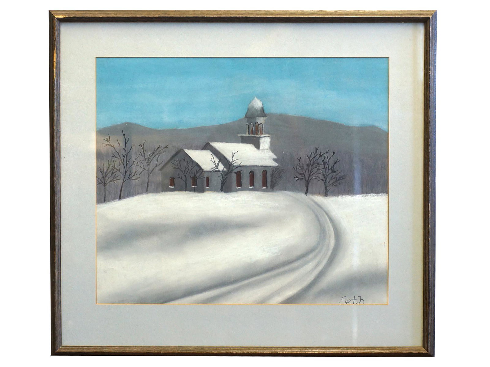 AN AMERICAN PRIMITIVE ACRYLIC PAINTING SIGNED: A very interesting primitive winter landscape painting, acrylic on paper, signed Seth. Dimensions: 16.5 x 19.5 in. Frame size: 23.25 x 26 in.