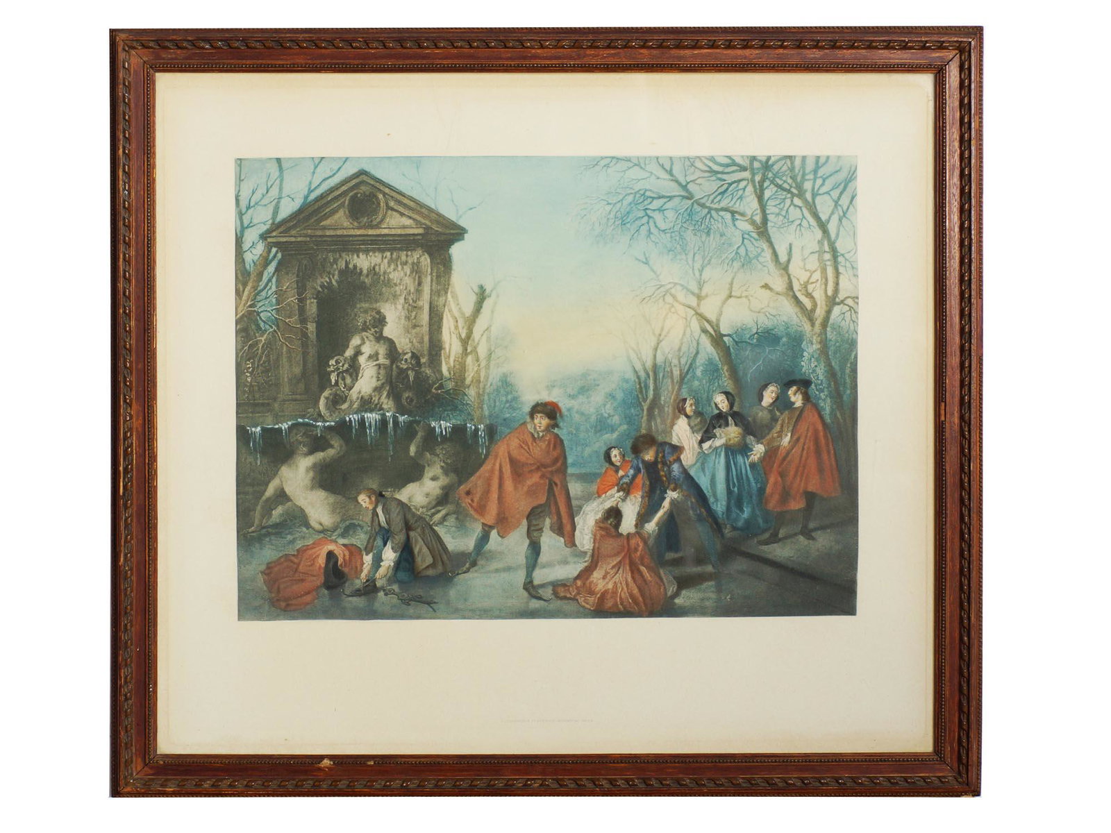 A VINTAGE COLORED ETCHING AFTER NICOLAS LANCRET: This colored etching is a reproduction of a painting "L'hiver" by French artist Nicolas Lancret 1738. Dimensions: 10.75 x 14.25 in. Frame size 18.25 x 20.25 in.