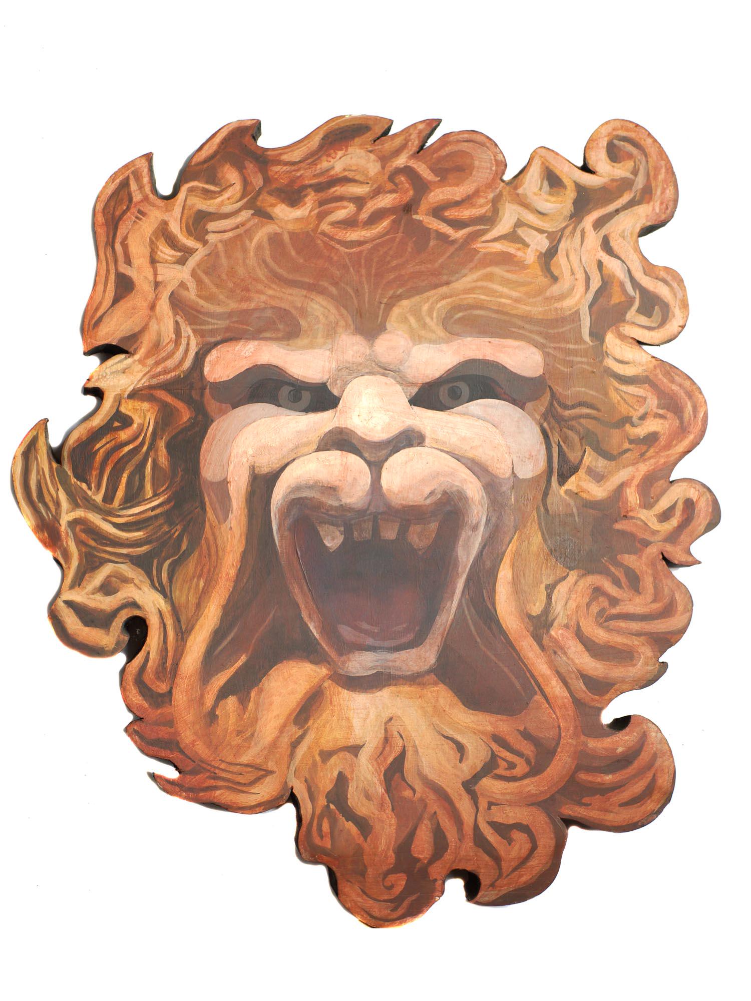 A VINTAGE HAND CARVED AND PAINTED LION FACE: Hand carved from two inch thick solid wood panel and painted lion face by NYC artist Stephen Sarr. Dimensions: 2 x 20 x 24 in.