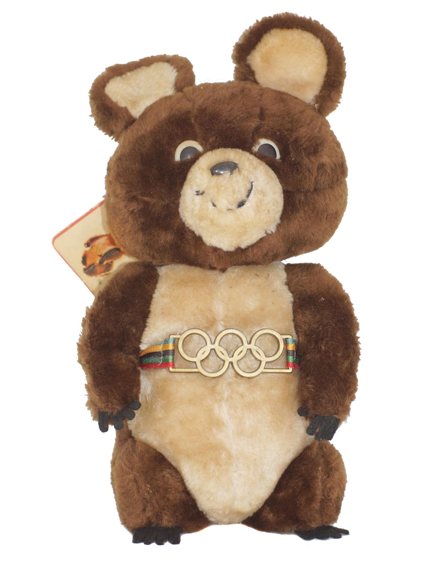 A VINTAGE DAKIN & CO OLYMPIC GAMES MISHA BEAR: A vintage Misha Bear. A symbol of Russian/Soviet Olympic Games in 1980 in Moscow. Plush bear made by Dakin & Co, San Francisco, CA. Dimensions: 5 x 7 x 13 in.