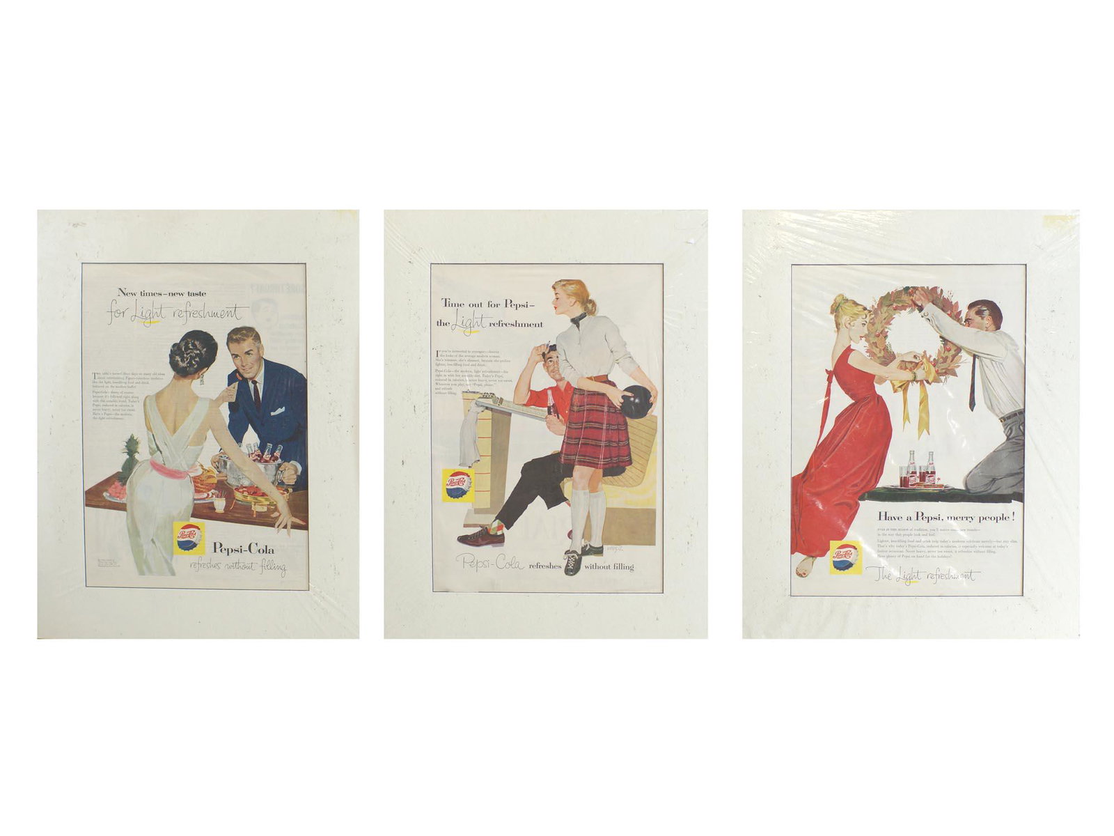 A VINTAGE 1950 PEPSI COLA ADVERTISEMENTS PRINT: A set of three Pepsi Cola advertisements prints. Have A Pepsi Merry People! Pepsi Cola refreshes with filling. Pepsi Cola refreshes without filling. Circa 1950's. Dimensions: Image size 9.5 x 13.5 in.