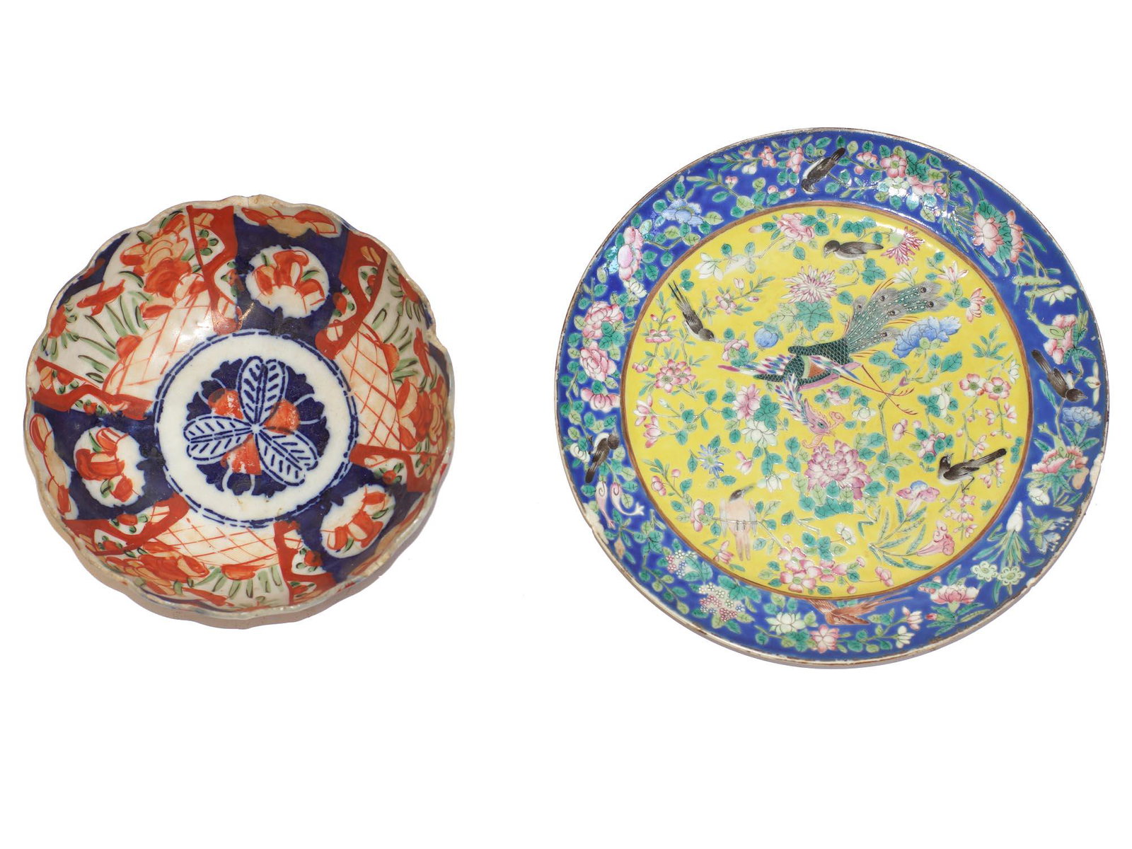 TWO PORCELAIN JAPANESE AND CHINESE PLATES: An Imari polychrome bowl, Meiji Period and another Chinese porcelain plate depicting birds, Quing Dynasty. Dimensions: Plate size: D 9.5 in. Bowl size: H 2.75 x D 7 in.
