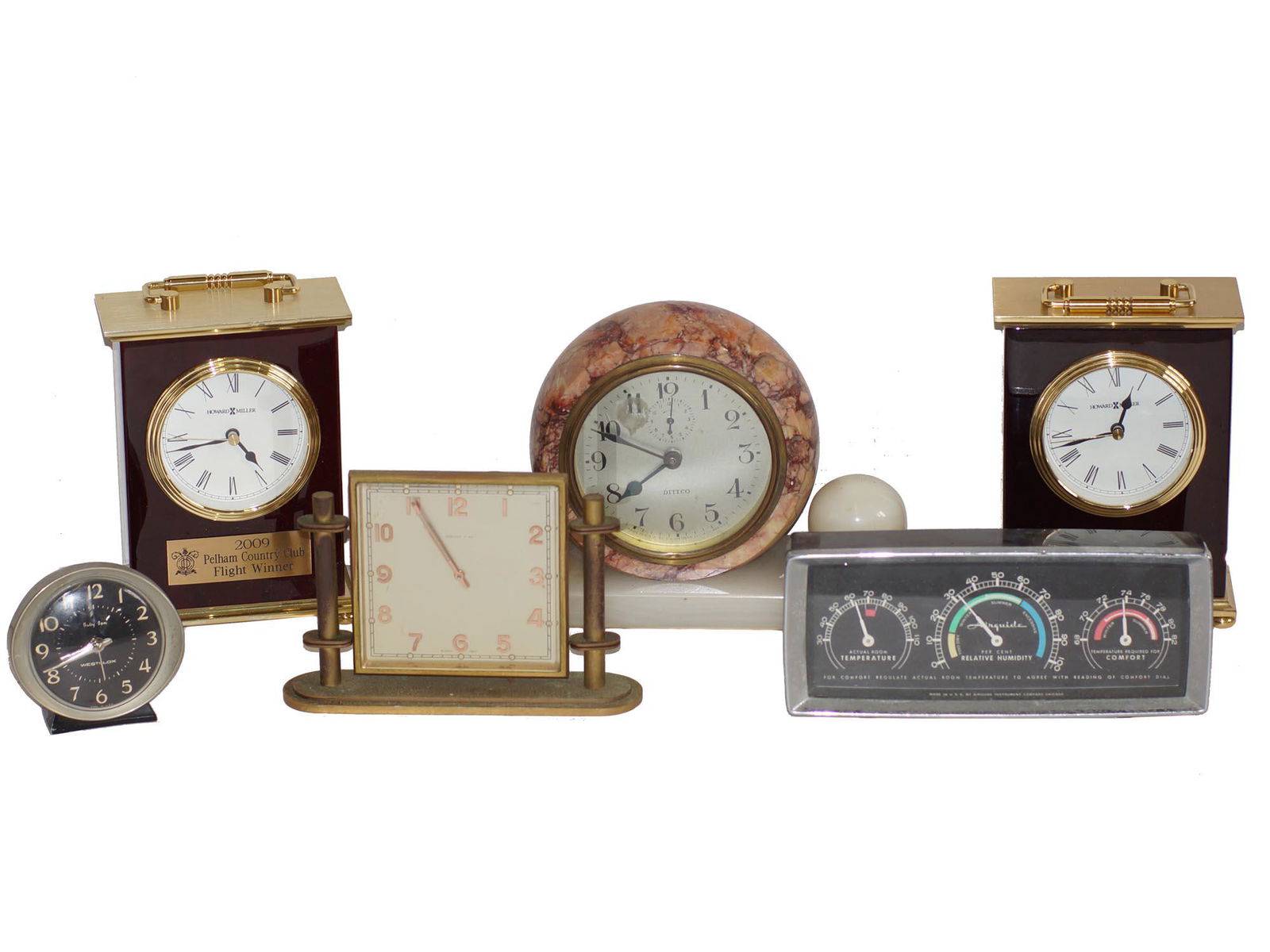 A GROUP OF VINTAGE CLOCK AND WEATHER STATION: A collection of five vintage 1920's - 1950's mantel and alarm clocks, Tiffany & Co., Big Ben by Westclox, Howard Miller, Dittco, accommodated with vintage rare Airguide Weather Station model No. P-501