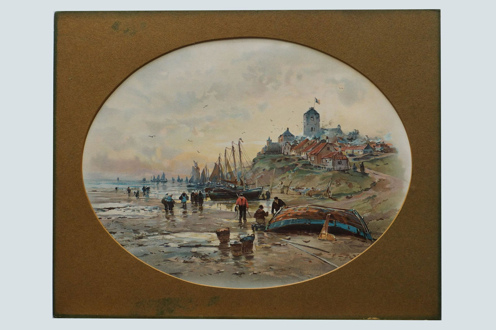 Antique Colored Lithograph Dutch School: Antique Colored Lithograph. Dutch Village Inhabited by Fishermen. Printed in Germany. Signed by Artist with Initial R. F. lower left. Dimensions: 15.5 X 20 in.