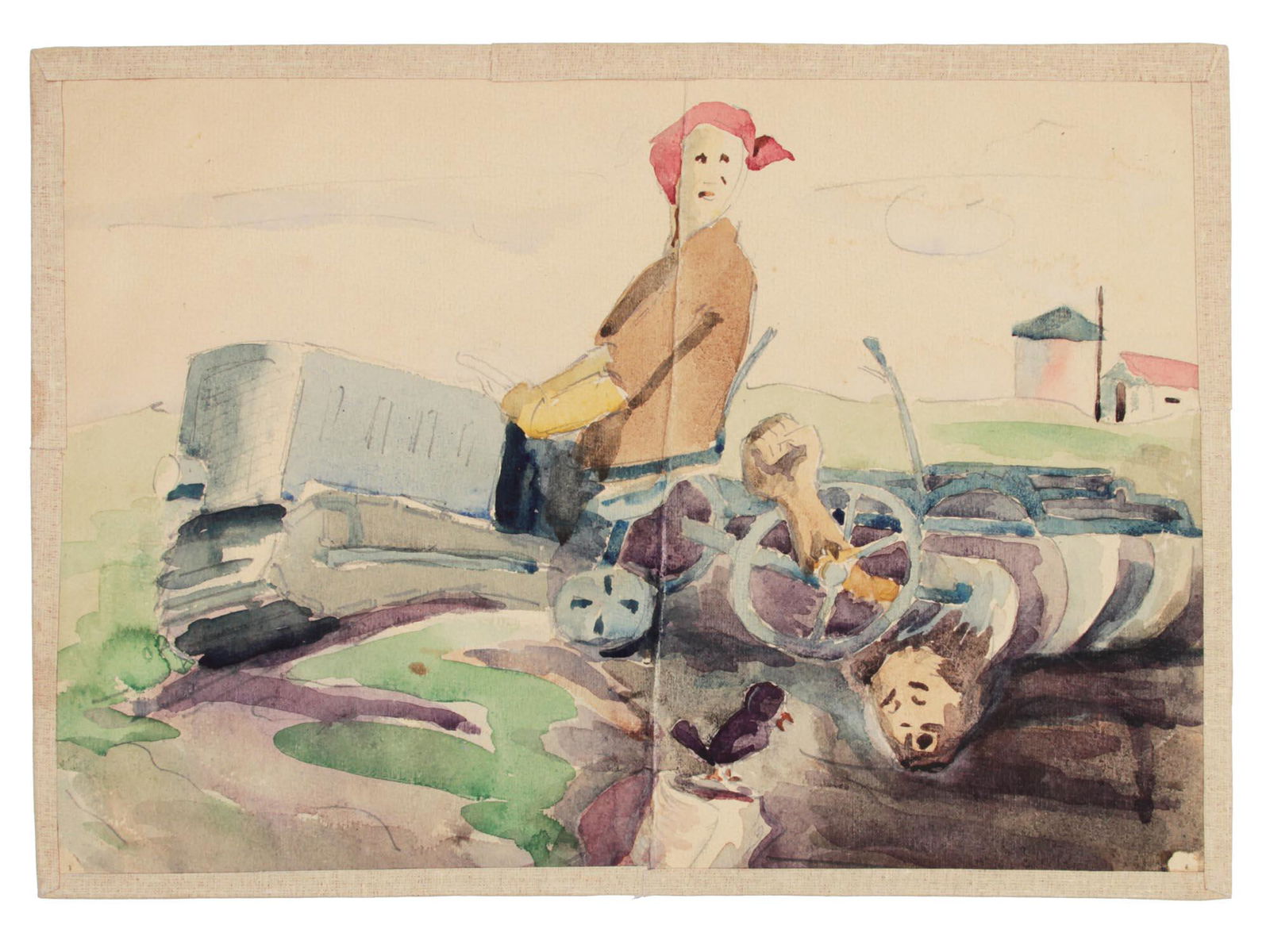 A SOVIET WATERCOLOR RASKULACHIVANIYE DISPOSSESSION: Pencil and watercolor on paper. There is no signature, but in all likelihood, the artist is V. Rogov. On the back there is an inscription in Cyrillic: "Raskulachivaniye 1936" [Dispossession 1936]. Dim