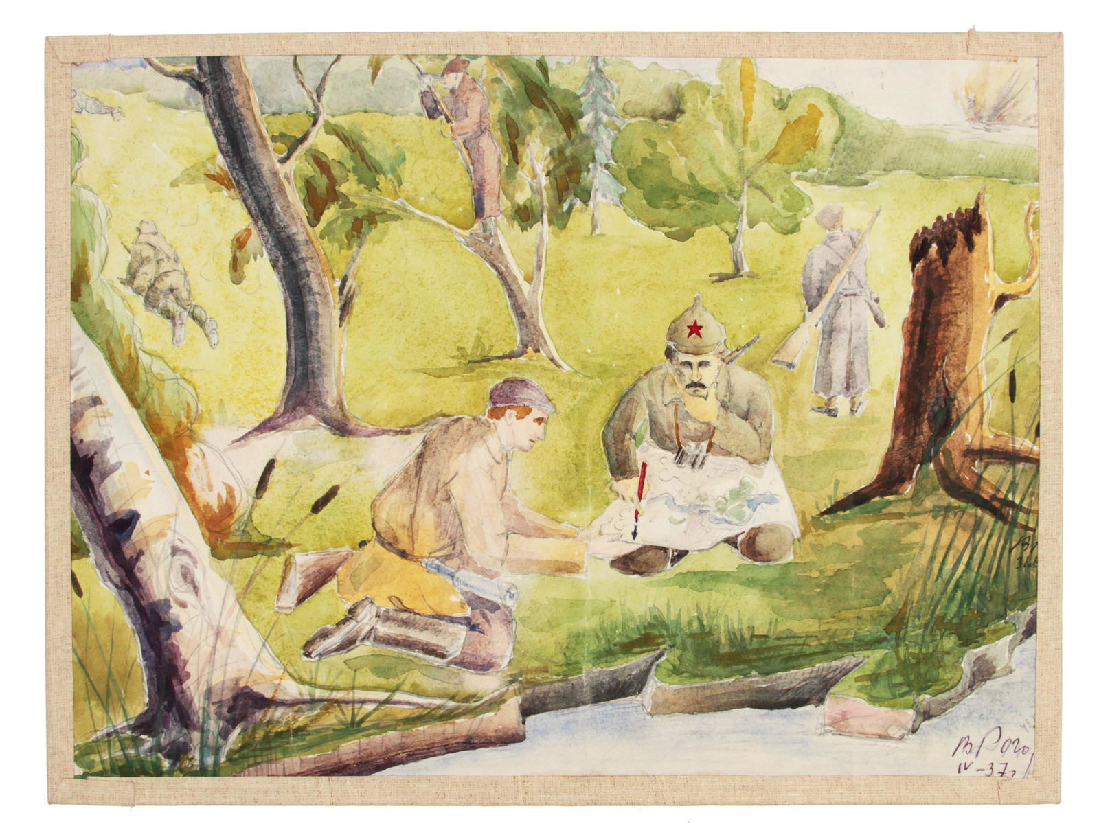 A SOVIET WATERCOLOR ORDZHONIKIDZE IN INTELLIGENCE: A painting by V. Rogov. Pencil and watercolor on paper. Signature below: "V. Rogov. IV-37". On the back there is an inscription in Cyrillic: "Ordzhonikidze v razvedke VII 1919" (Ordzhonikidze in intel