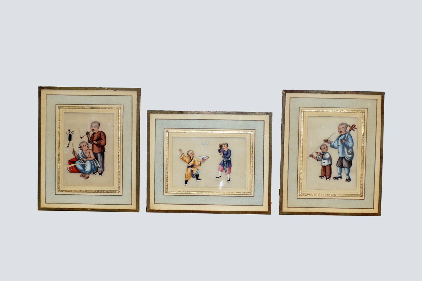 Antique Chinese Paintings on Rice Paper: Antique 19th Century Chinese Miniature Paintings on Rice Paper. Framed. Lot of Three. Feature scenes from daily living. The pictures are nicely painted and are protected by frames. Size 3 X 4. With Fr