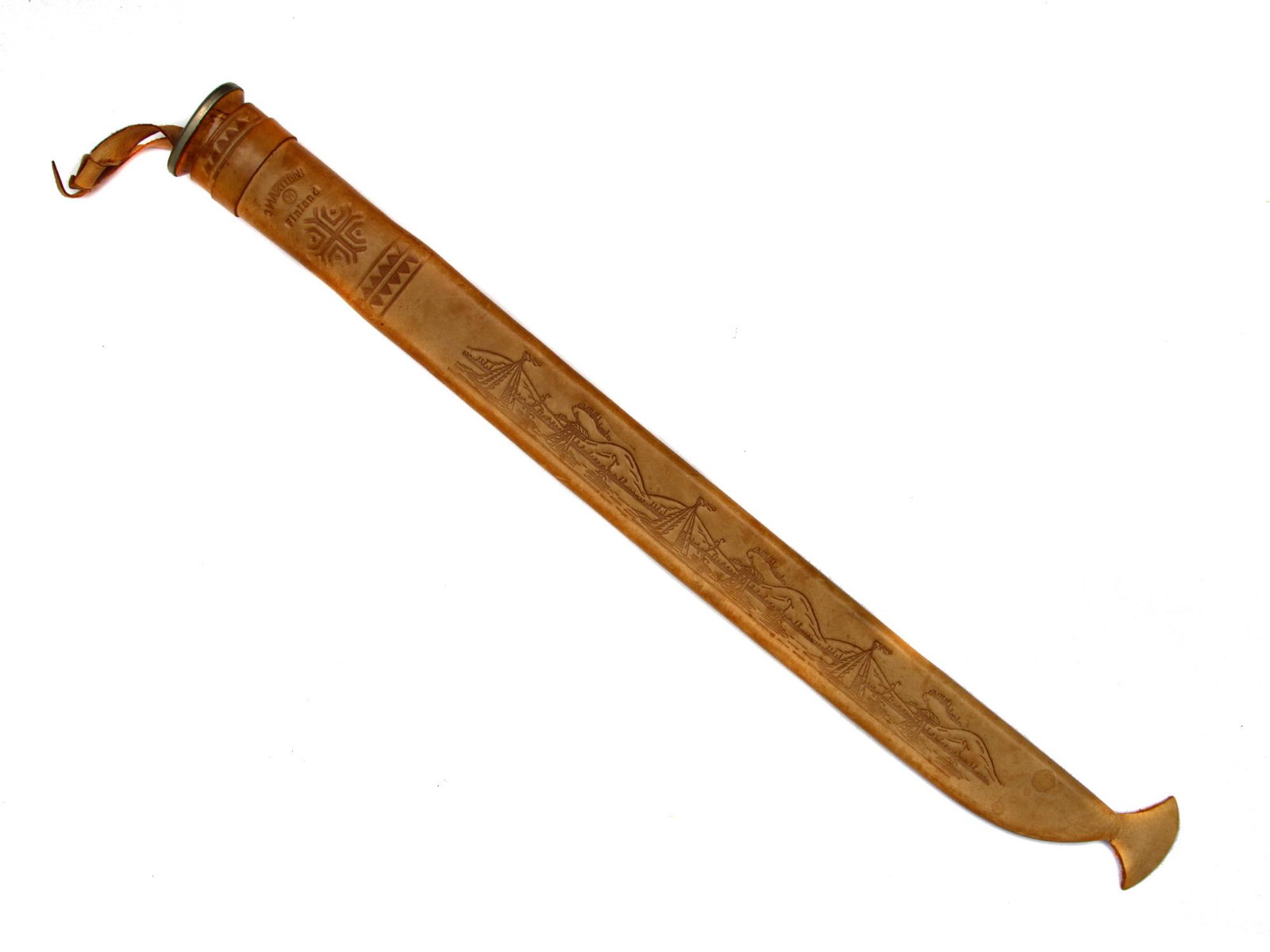 A VERY UNUSUAL LARGE PUUKKO KNIFE: A famous Finnish knife of significant size. With solid handle carved of the root, single-edged blade and stitched leather sheath. Dimensions: L: 22 1/2 in., (57 cm.)