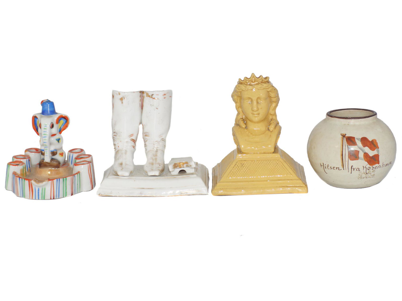 ANTIQUE MATCH STRIKER AND HOLDER FIGURINES: First item: Antique ceramic circus elephant cigarette holder/ashtray. Made in Japan. Second Item: Antique Porcelain Match Striker Holder Boots with Boot jack. Unmarked by manufacturer. Third Item: ...