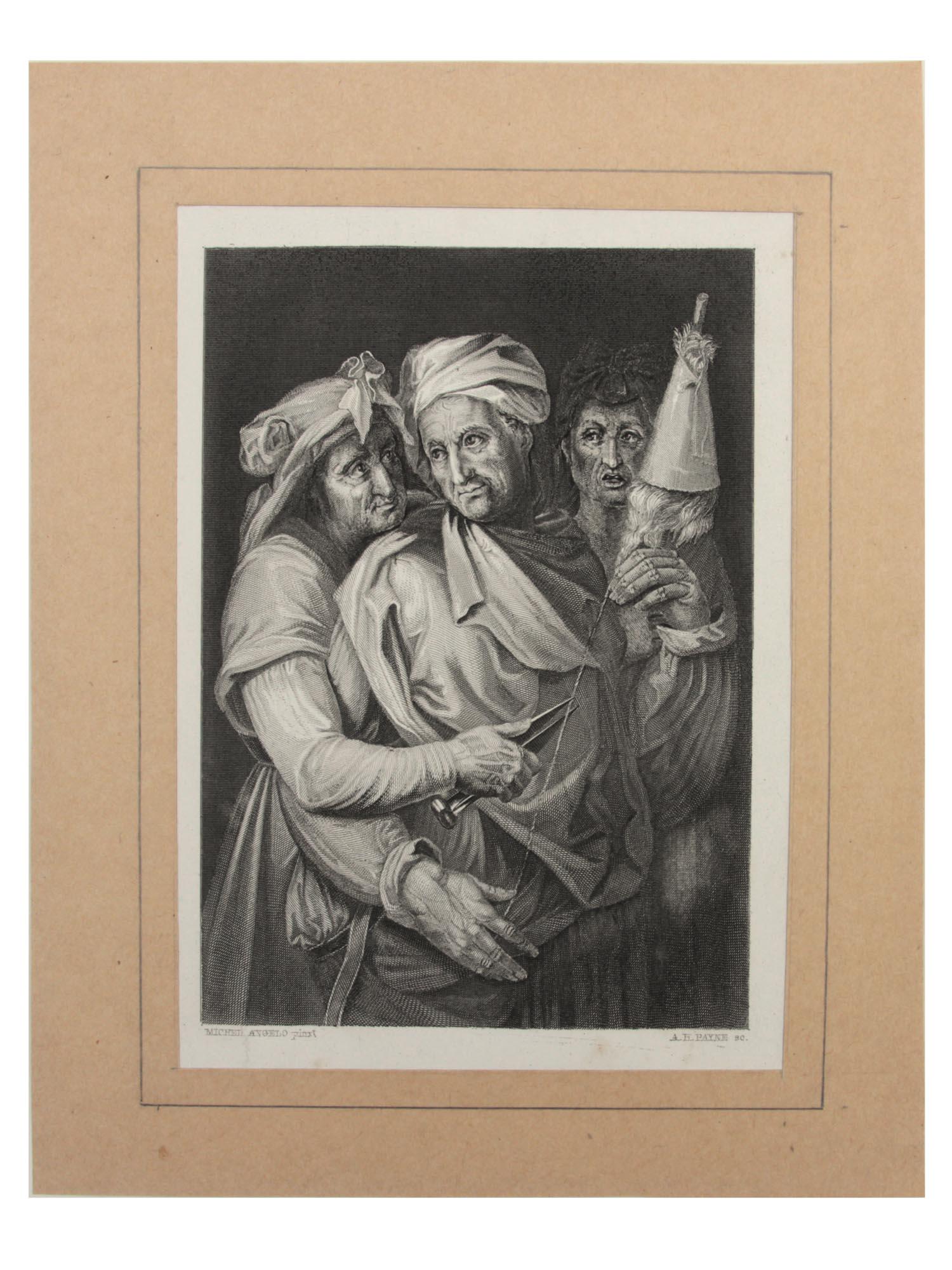 A STEEL ENGRAVING AFTER MICHELANGELO'S THE FATES: A beautifully executed steel engraving reproduction of supposed Michelangelo's painting in the Pitti Gallery. Marked with "Michel angelo pinx" at the lower left and the "A.H. Payne sc" at the lower ri