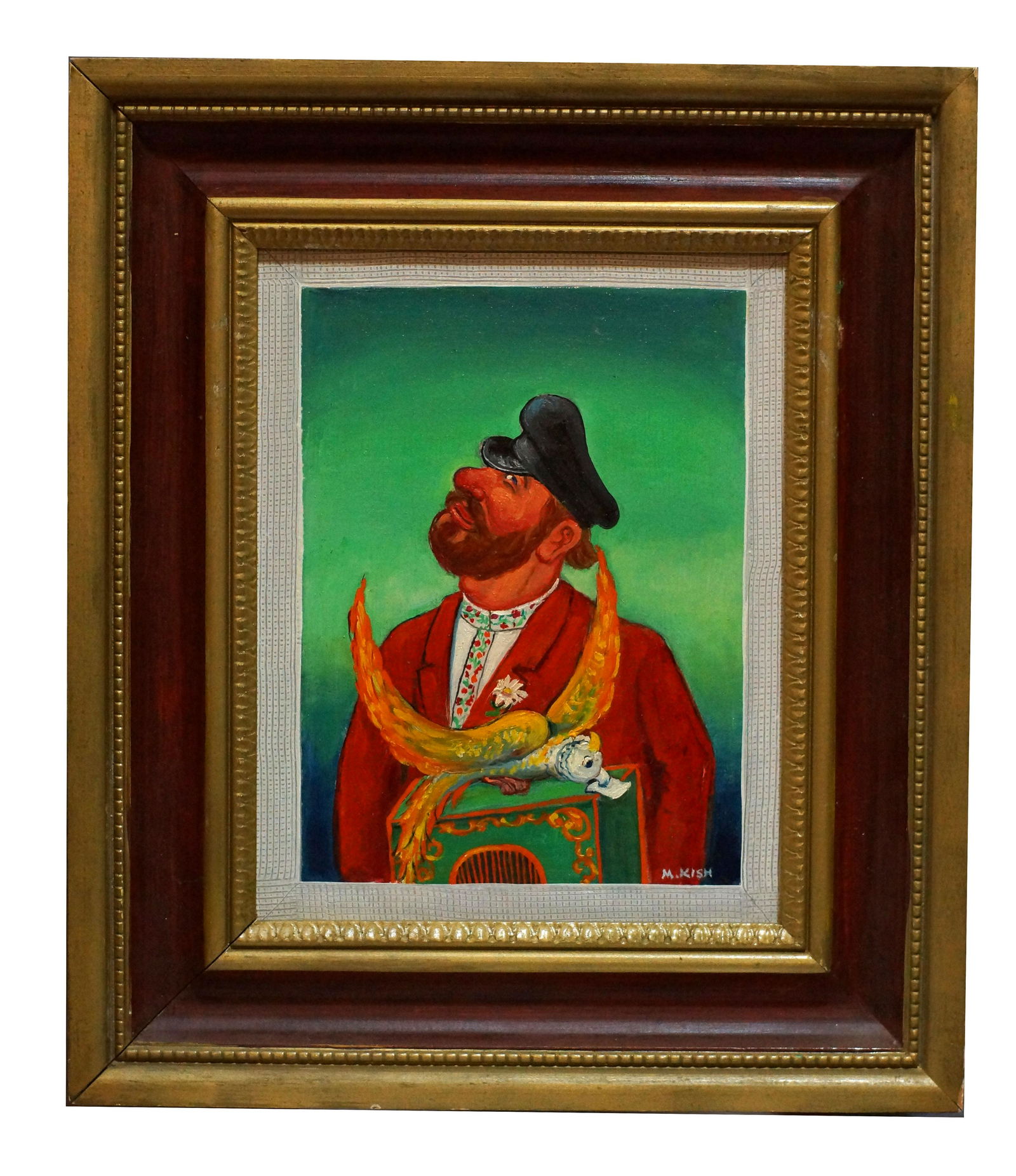 Oil Painting The Organ Grinder Maurice Kish: Mid Century Oil Painting on Board The Organ Grinder by Maurice Kish 1895-1987. Russian/American. Signed Lower Right. Artist Label on The Back. Dimensions: 6.25 x 8.25 in. Frame 12.5 x 14.5 in.