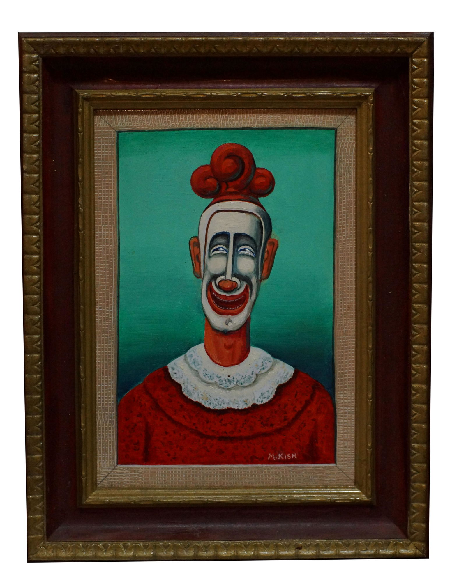 Oil Painting The Smiling Clown Maurice Kish: Mid Century Oil Painting on Board The Smiling Clown by Maurice Kish 1895-1987. Russian/American. Signed Lower Right. Artist Label on The Back. Dimensions: 6 x 8.75 in. Frame 10.25 x 13.25 in.