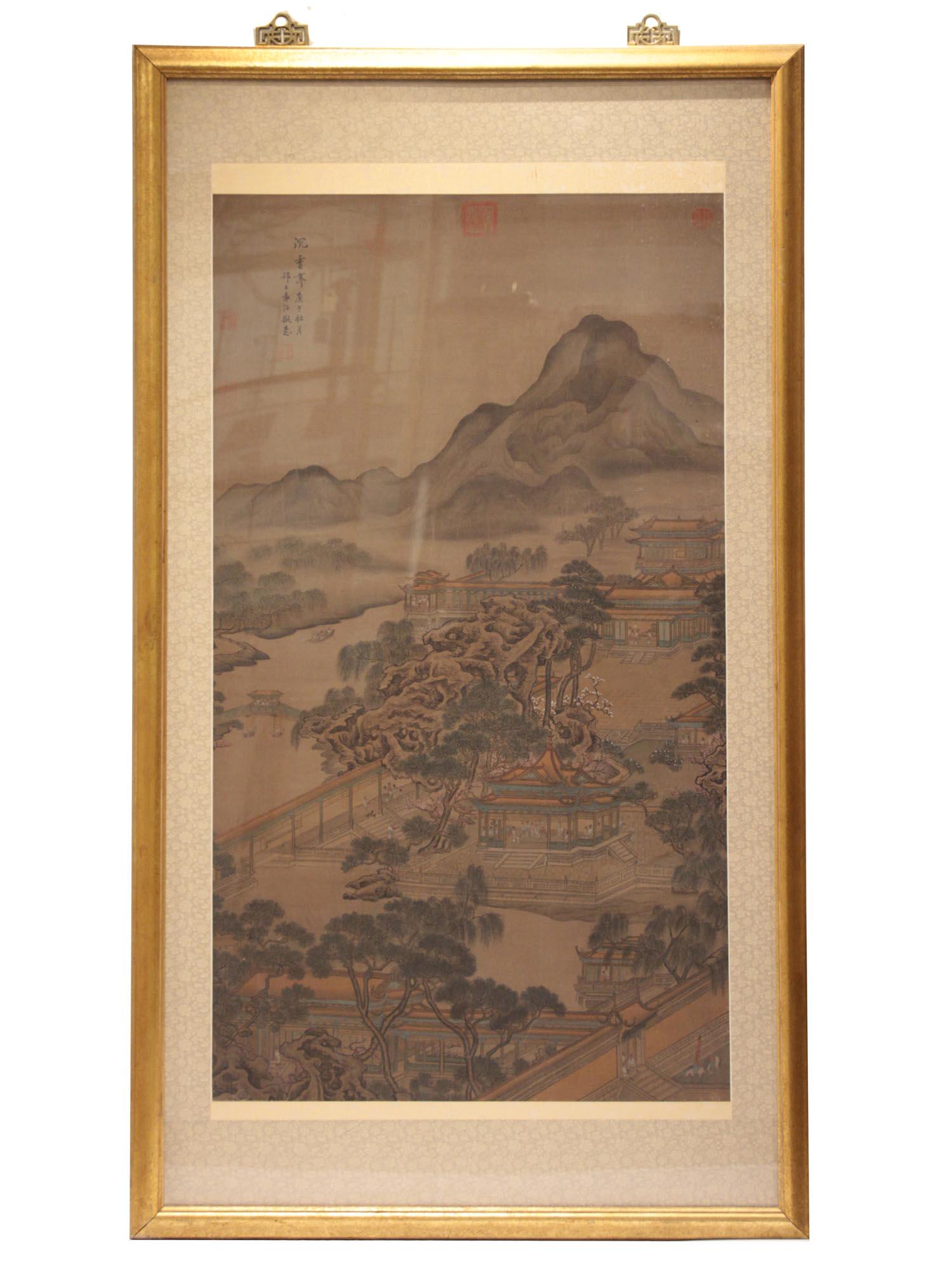 A SIGNED CHINISE HAND PAINTED SCROLL. 19TH C.: Ð traditional Chinese landscape. The picture is captured from a bird's eye view. In the distance, huge mountain peaks and a wide riverbed are visible. Human buildings against this background seem fra