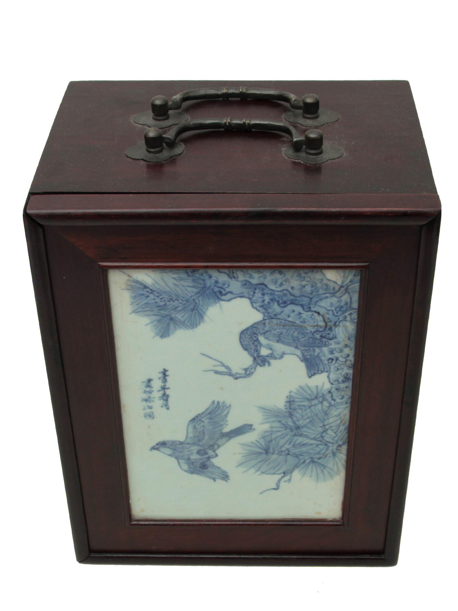 A CHINESE REPUBLIC MAHJONG SET IN A WOODEN CASE: A beautiful set for Mahjong game with a set of dice. The box is in excellent condition with five drawers and bronze handles on top for convenience. On one of the walls is a traditional pattern in blue