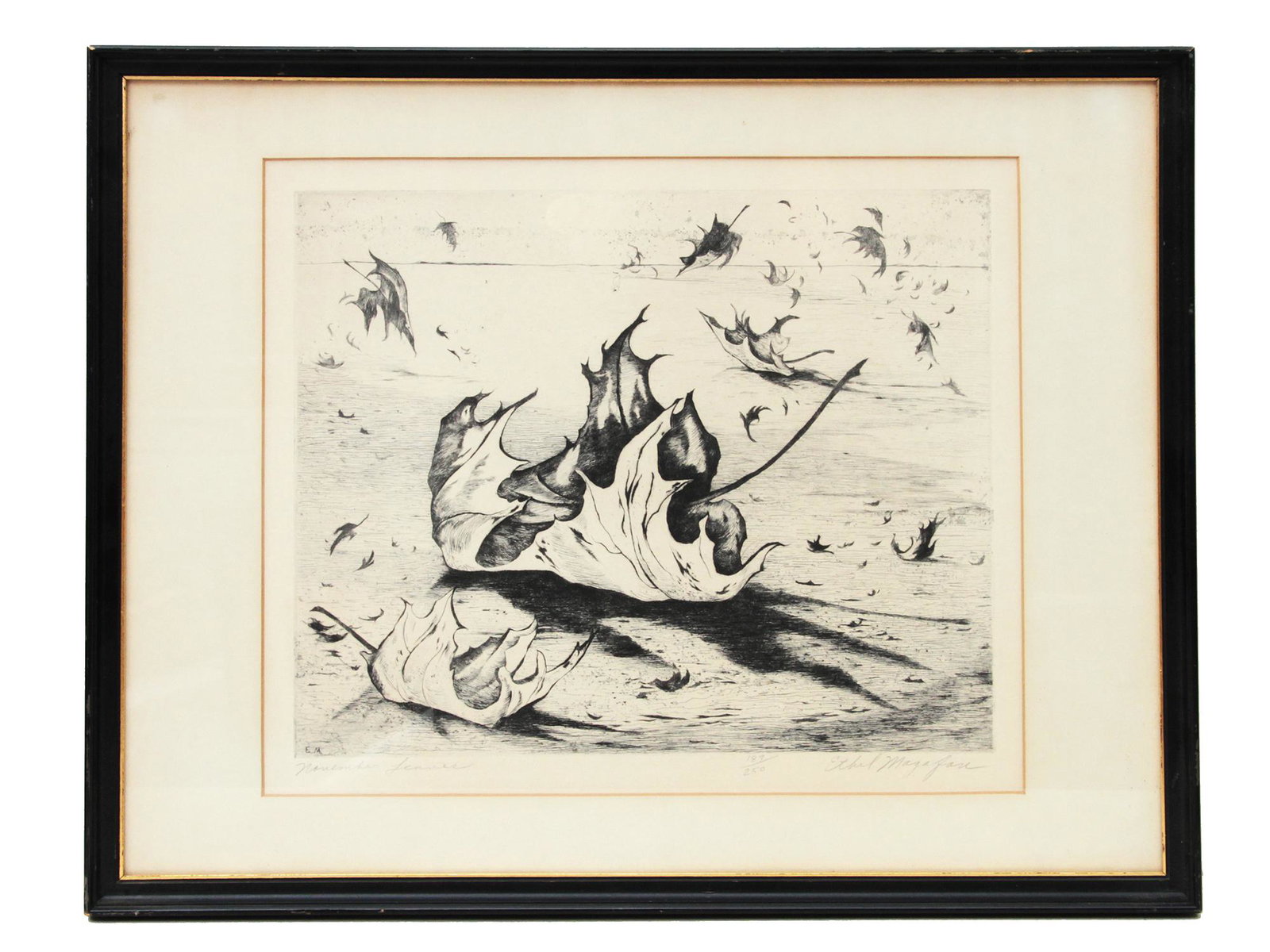 A SIGNED ETCHING BY ETHEL MAGAFAN. MID 20TH C.: An expressive signed etching "November Leaves" by Ethel Magafan. Limited edition, 189/250. Signed in pencil below left: "November Leaves". The bottom right is the signature of the artist.Ethel Magafan