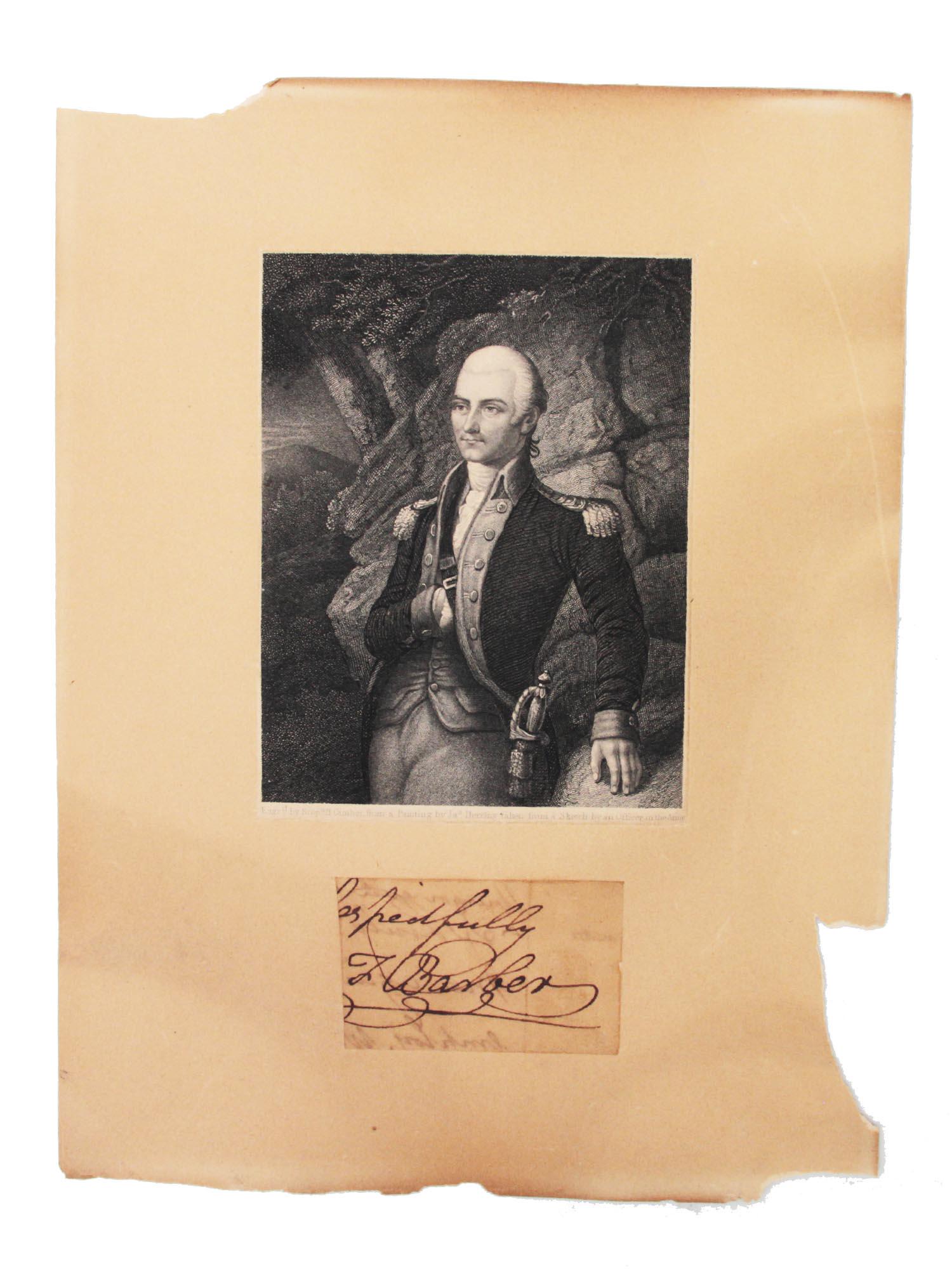 AN ENGRAVING WITH A PORTRAIT OF A BRITISH OFFICER: An engraving of a British officer from the drawing of J. Herring from a sketch by an Officer in the Army. With a fragment of the manuscript under the engraving. Circa 19th century. Dimensions: 9 x 6 3