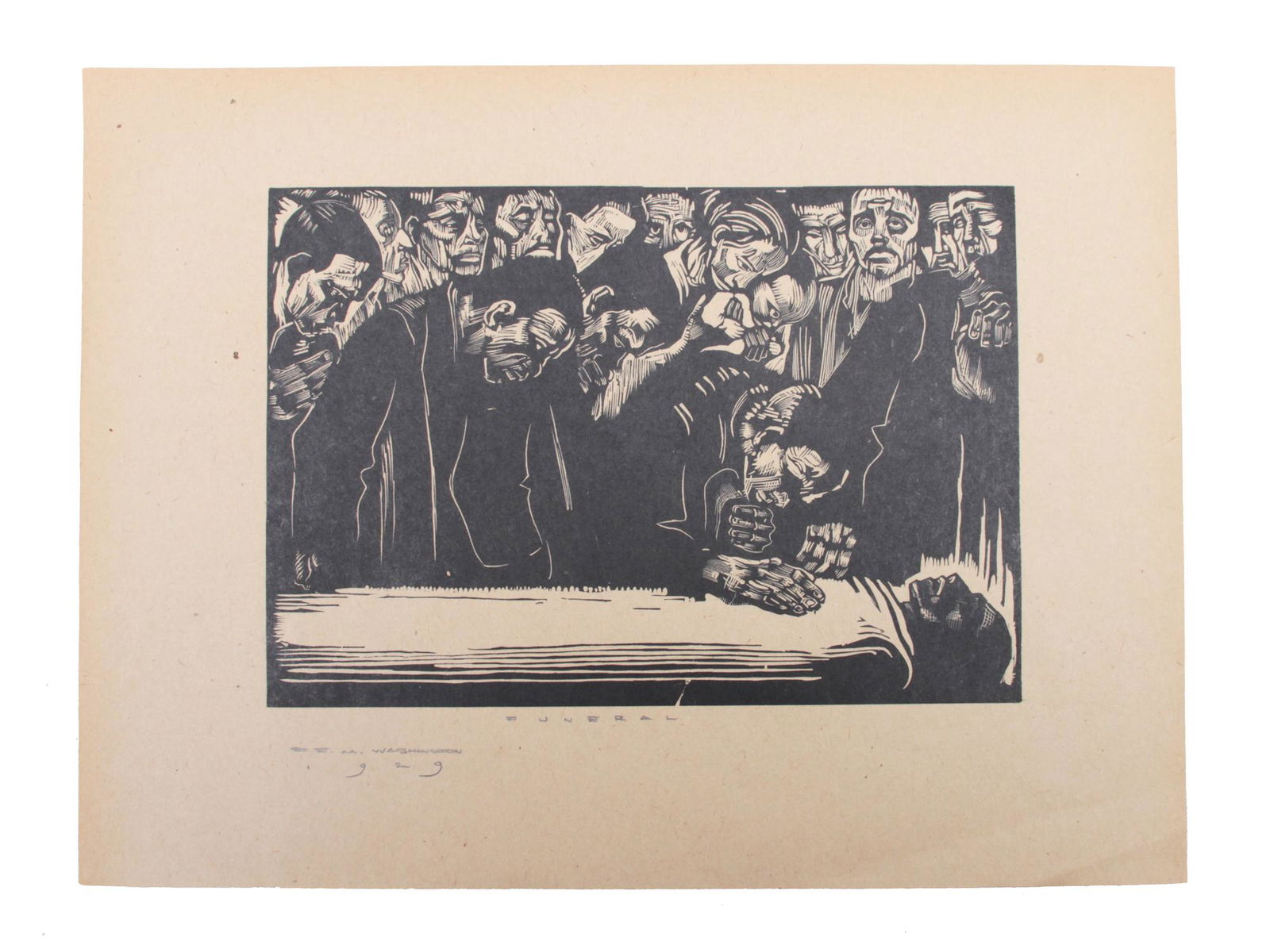 A WOOD ENGRAVING BY EARL M WASHINGTON LATE 20TH C: The inscription below the image: "Funeral" and "Earl M. Washington 1929" lower left. Earl M. Washington (1862-1952) was an African-American master wood-engraver and printer. He was an owner of a large