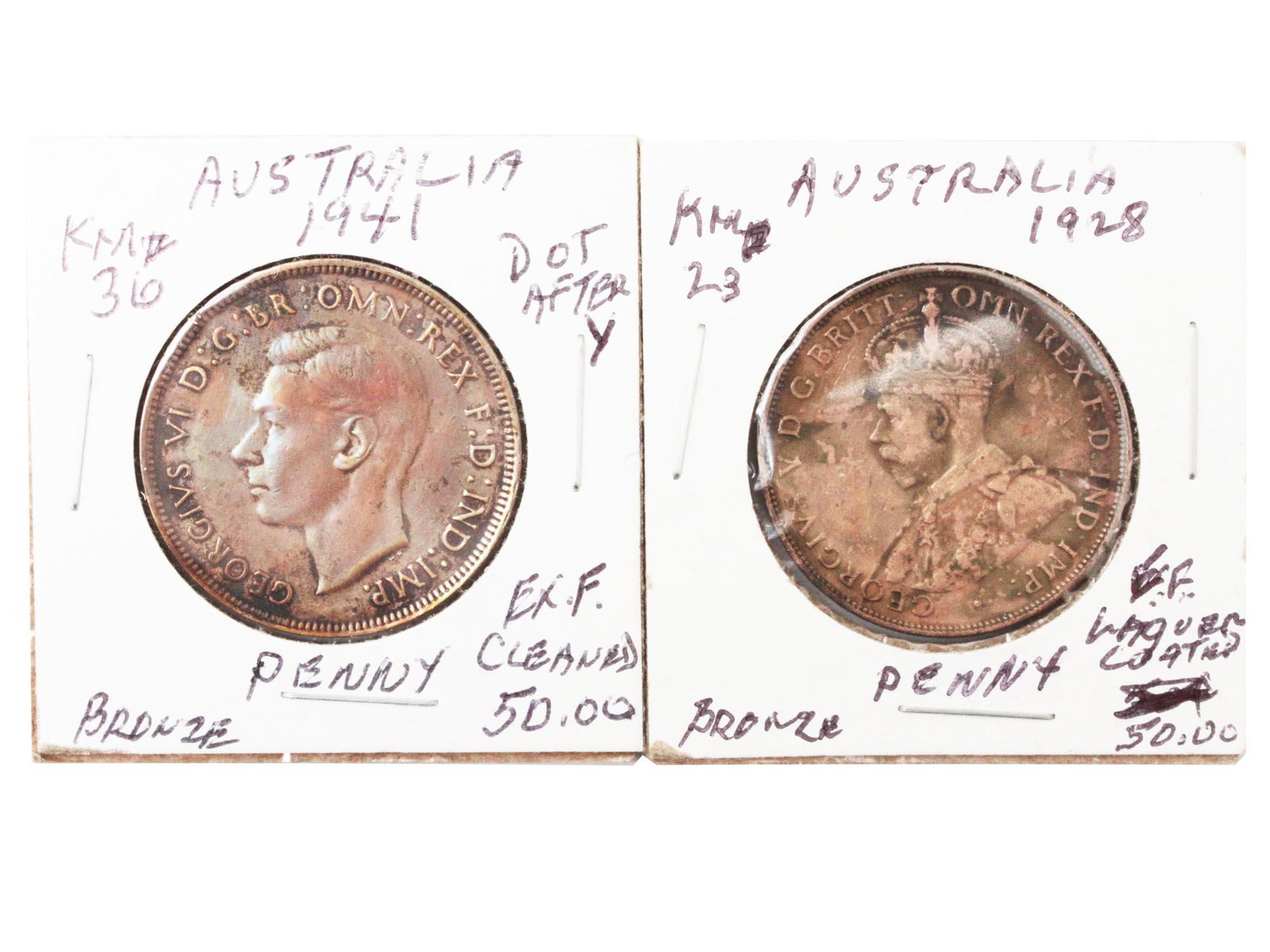 A SET OF AUSTRALIAN COINS: A set of Australian coins that consists of 2 Bronze coins each valued a penny from year 1928 and and 1941.