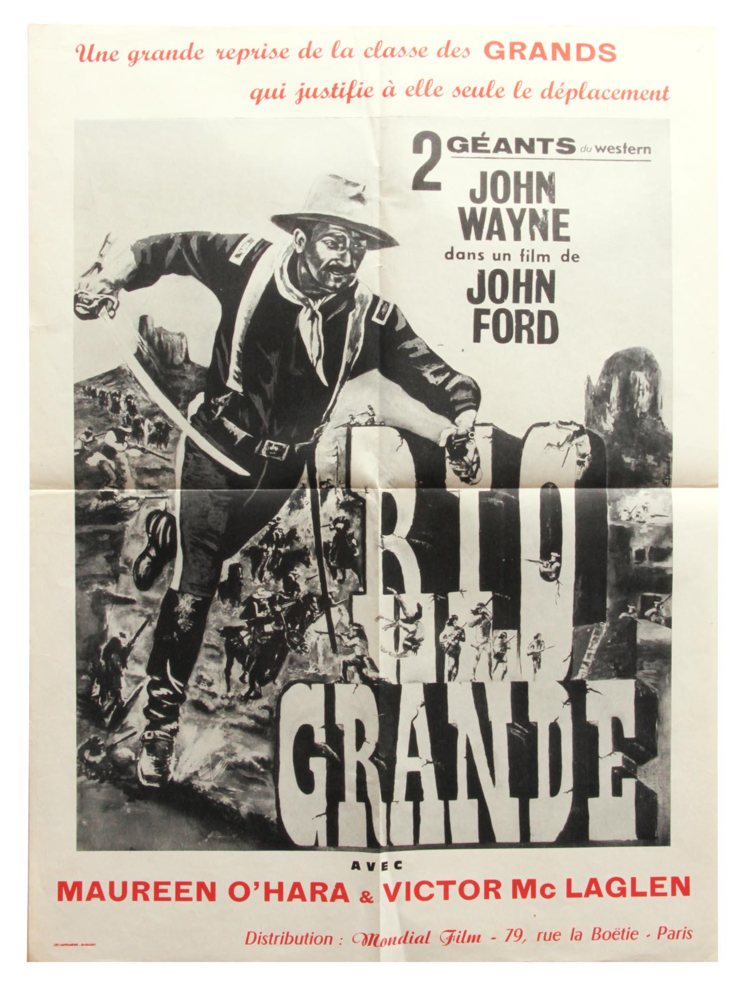 AN ORIGINAL VINTAGE FRENCH MOVIE POSTER: A poster for the western movie "Rio Grande", directed by John Ford and starring John Wayne and Maureen O'Hara. Dimensions: 30 x 22 in., (76 x 56 cm.)