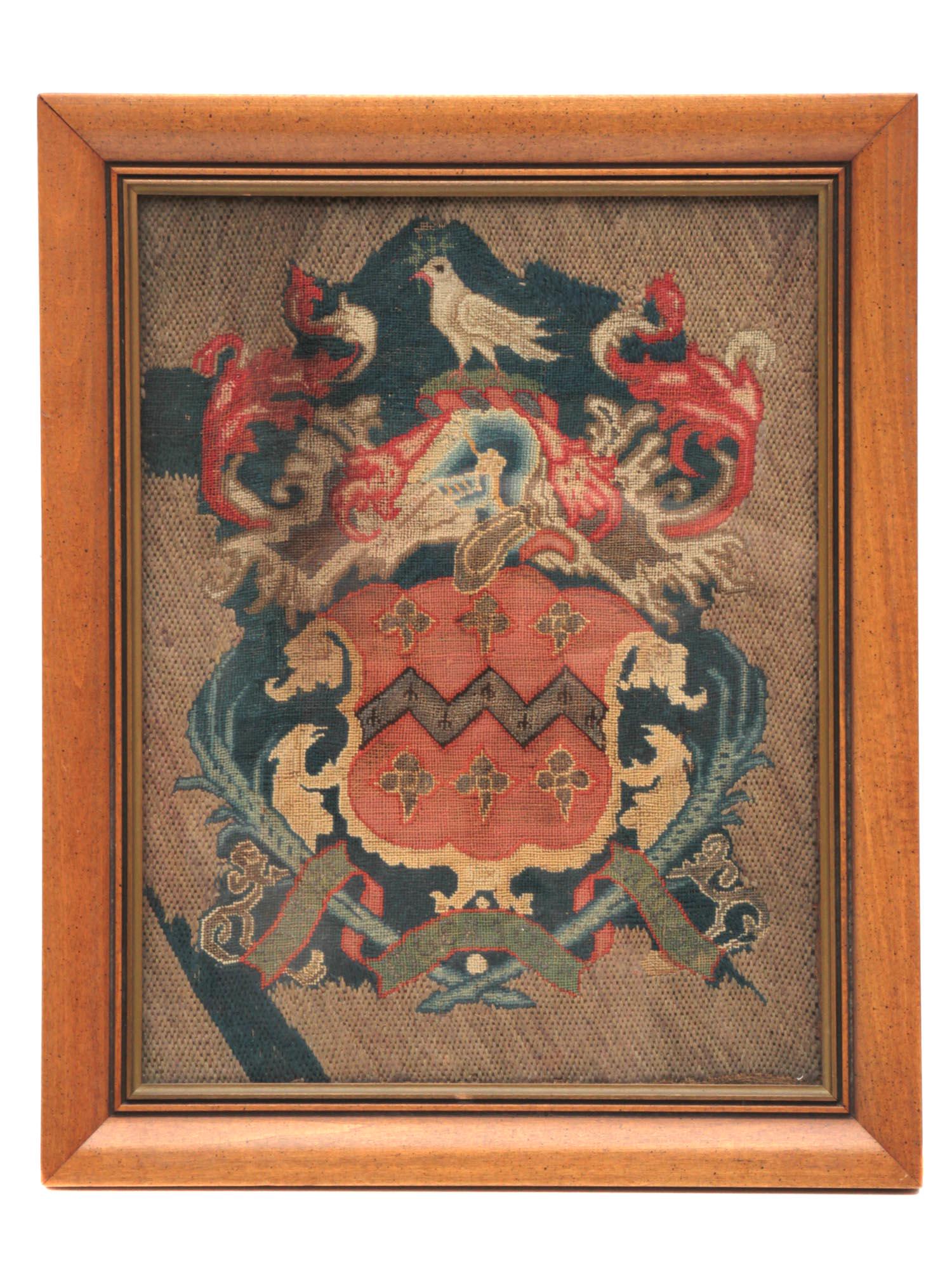 A VICTORIAN FRAMED COAT OF ARMS EMBROIDERY (1 of 3)