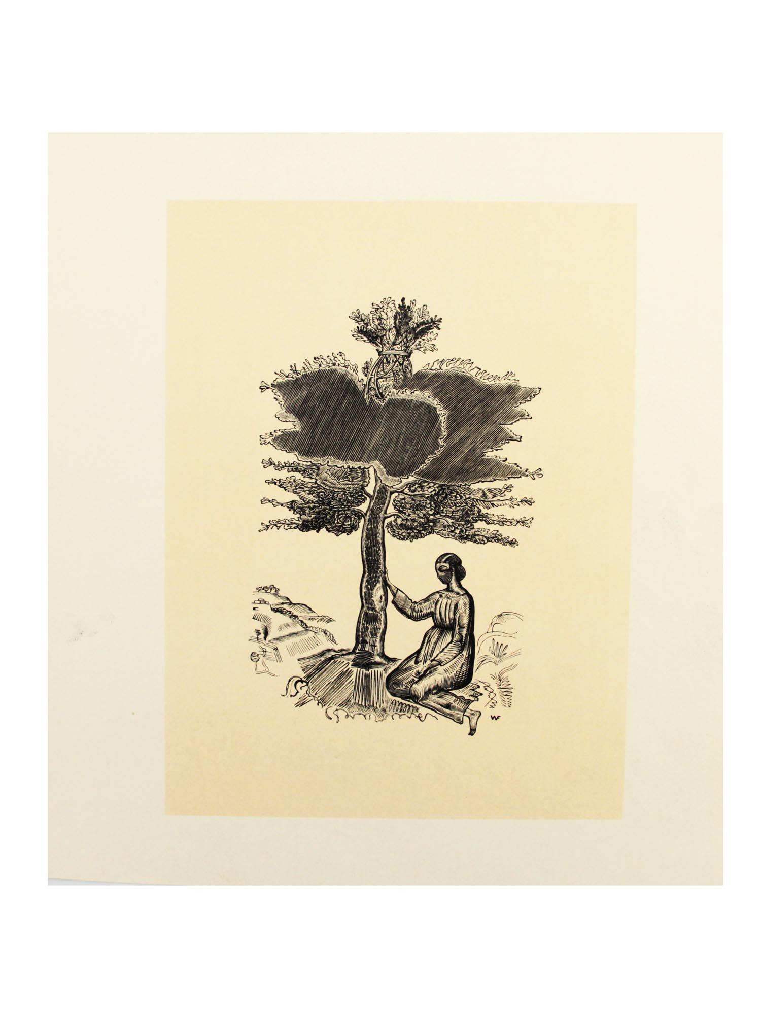 A WOODCUT PRINT BY VLADIMIR FAVORSKY. 1924: Ruth sitting by the tree. Frontispiece to the Book of Ruth. The artist depicted a very delicate image. The branches of the Tree of Life are connected like a bundle of spikes - a direct connection with
