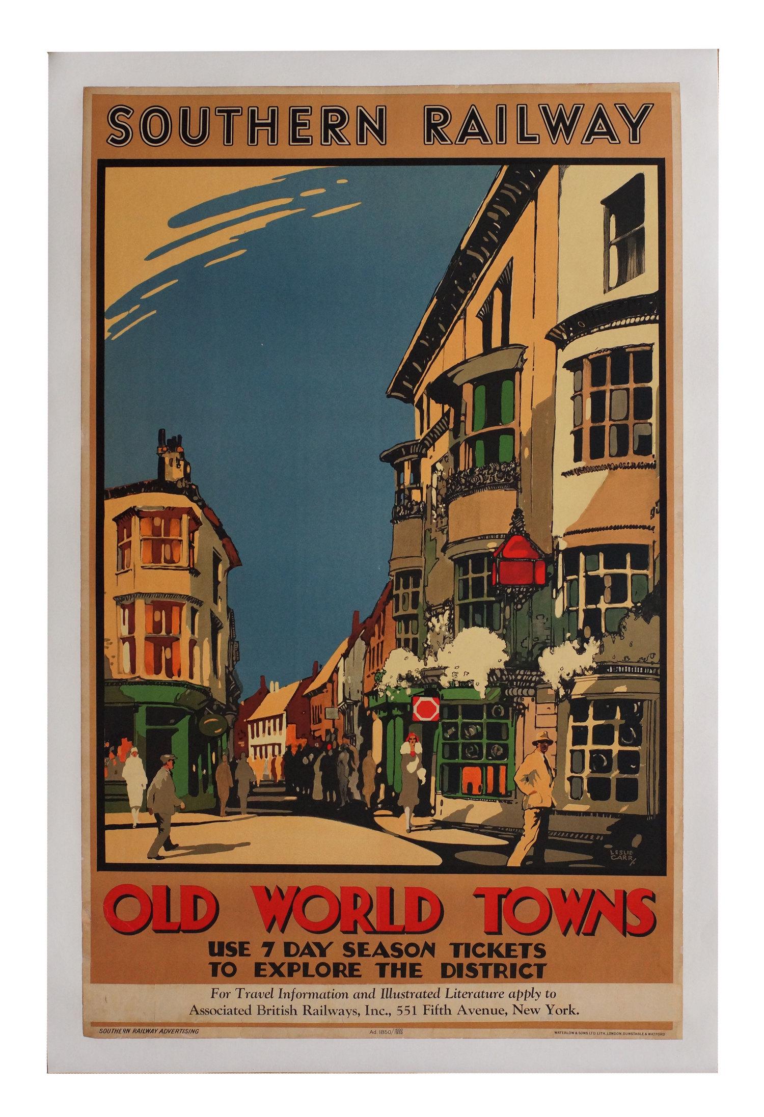 Vintage Travel Poster 1932 Southern Railway: Vintage Travel Poster 1932 Southern Railway Old World Towns by Artist Leslie Carr. Canvas Back. Dimensions: 25 x 40, Canvas Size 28 x 43