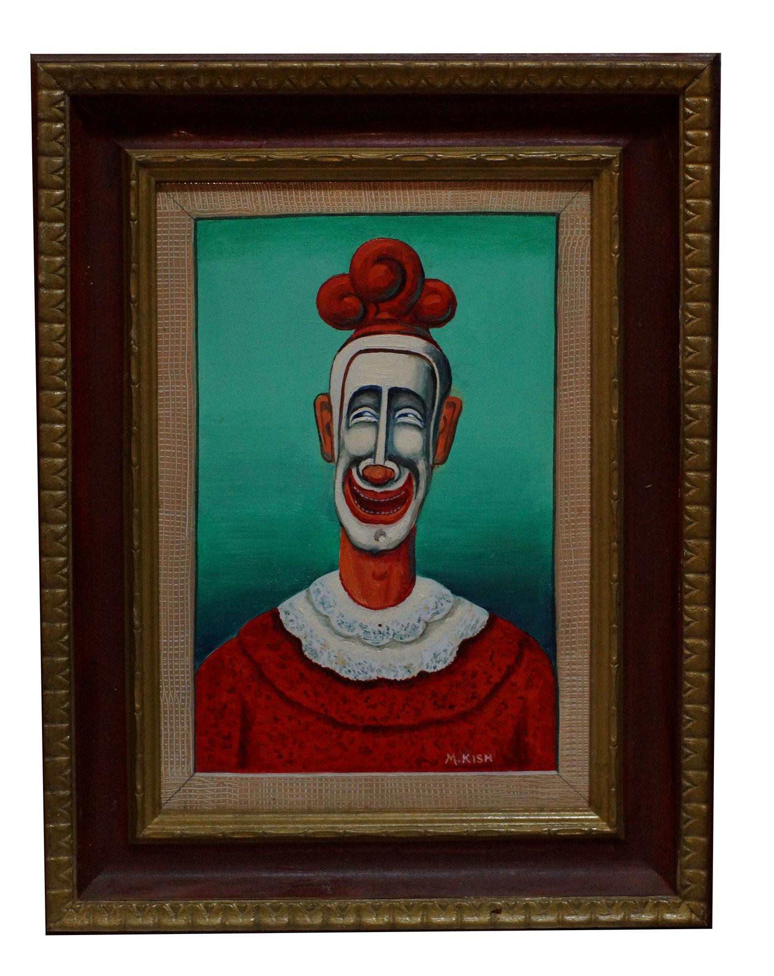 Oil Painting The Smiling Clown Maurice Kish: Mid Century Oil Painting on Board The Smiling Clown by Maurice Kish 1895-1987. Russian/American. Signed Lower Right. Artist Label on The Back. Dimensions: 6 x 8.75 in. Frame 10.25 x 13.25 in.