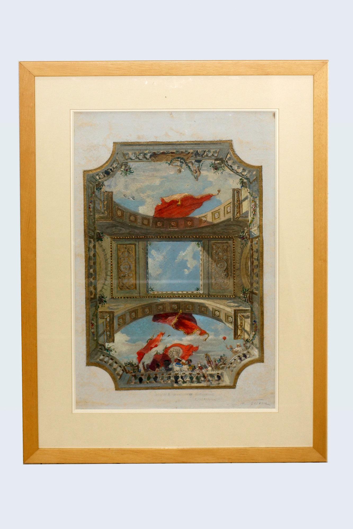 Antique Russian Soviet Painting by Treskin: Antique Russian Soviet Painting by Anatoly Treskin 1905-1986. Study of The Ceiling Design in One of The Exhibition Pavilion at The Exhibition of Achievements of National Economy of Soviet Union. Circa