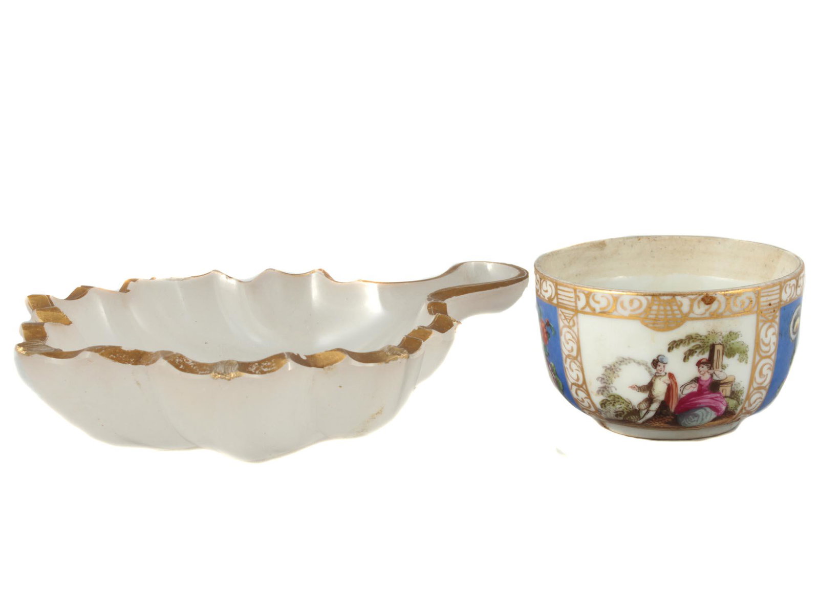 A MEISSEN PORCELAIN CUP AND ANTIQUE RUSSIAN BOWL: An Augustus Rex Meissen porcelain cup. With blue "AR" under-glaze mark on the bottom. Circa 18th century. A second item is antique Russian milky glass small serving bowl in the shape of maple leaf. Ma