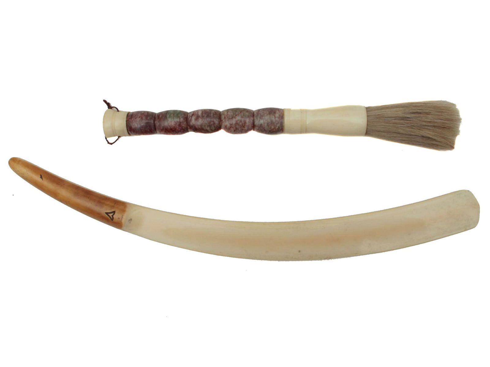 A SET OF TWO VINTAGE CARVED BONE ITEMS: The set includes: 1) A vintage Chinese calligraphy brush with hand carved bone and and semi-precious stone handle. 2) A hand-carved bone item, marked "DÃ‰POSÃ‰ M.S / DÃ‰POSÃ‰ B.". Dimensio