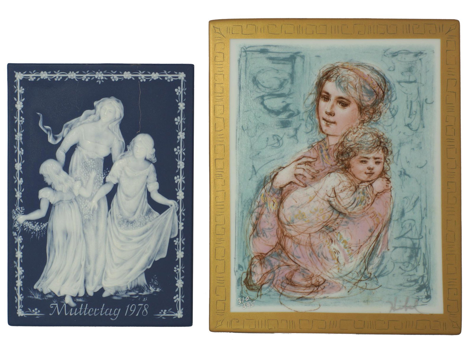 A GROUP OF TWO POTTERY AND PORCELAIN ART PLAQUES: First: Villeroy & Boch Blue Jasperware Muttertag 1979 Mother's Day Plaque. Limited edition. Made in Germany. Second: Edna Hibel porcelain tile plaques from Hibel Studios, Lenore and Child, lithograph 