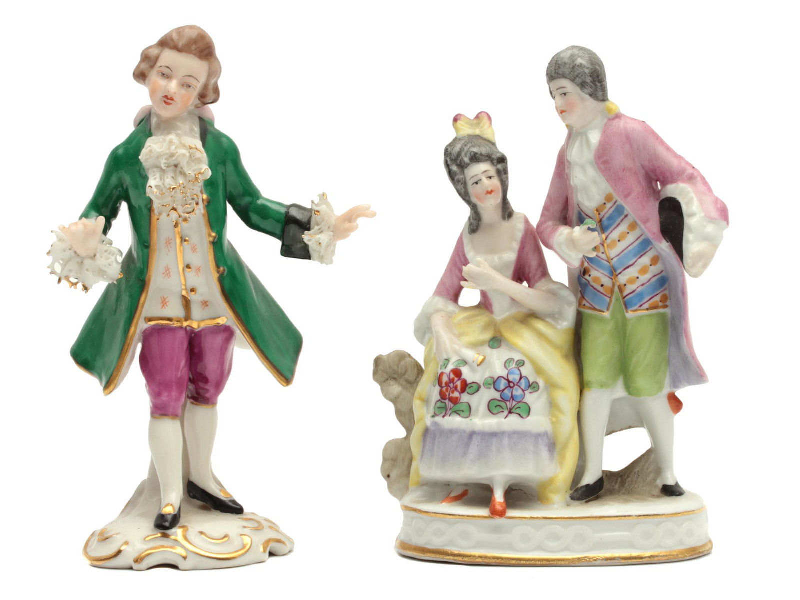 A PAIR OF GERMAN PORCELAIN FIGURINES EARLY 20TH C: The lot includes:1) A vintage Frankenthal porcelain figurine of a young noble man. Lush laces on the sleeves and on the chest are beautifully made. The base is decorated with gilded waves. 2) A Sitzen