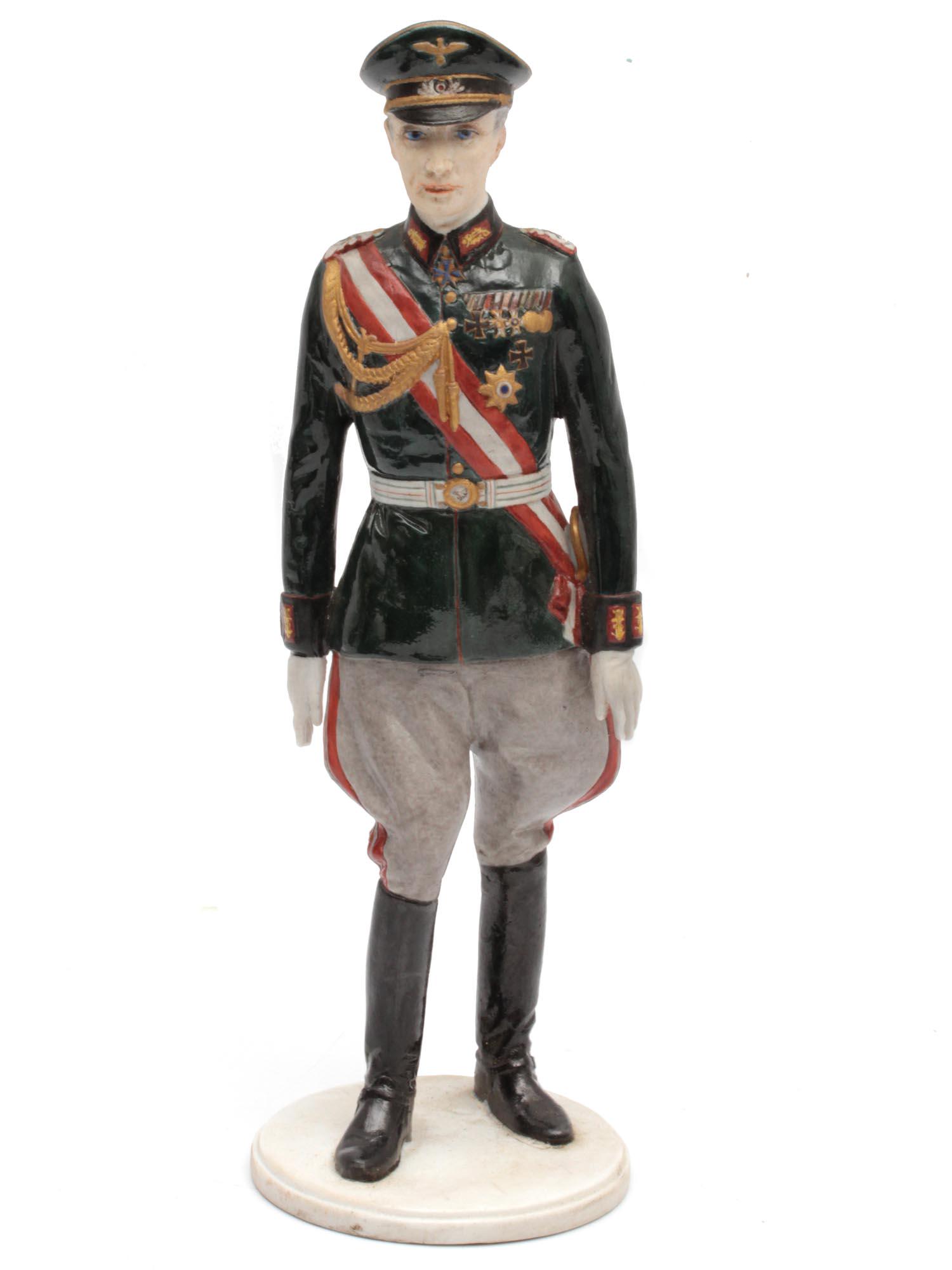 AN ALLACH PORCELAIN SS FIGURINE: A well detailed rare porcelain figurine of an SS officer. With manufacturer's stamp on the bottom. The Allach porcelain company was founded in Germany in 1936, by Heinrich Himmler, the head of the SS.