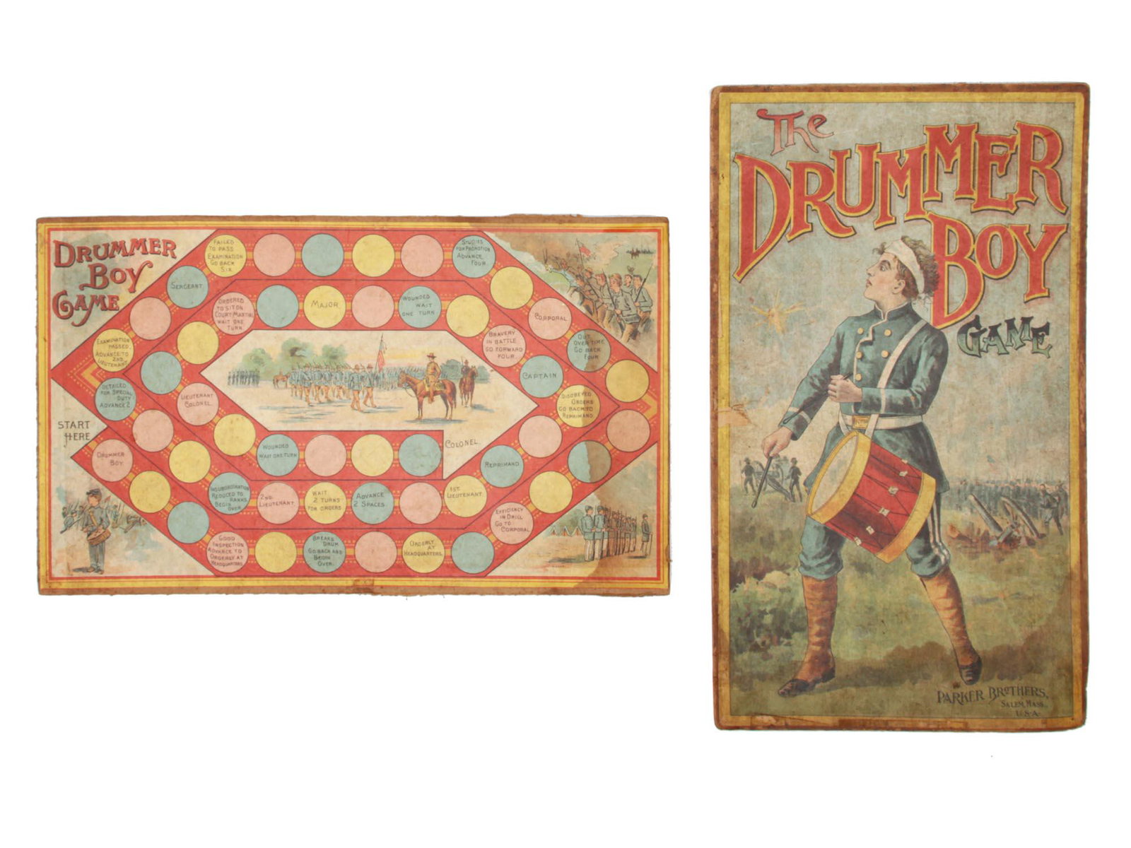 A RARE VINTAGE AMERICAN DRUMMER BOY GAME: A Drummer Boy Game by Parker bros. Salem, Massachusetts. An original vintage board game. The cover depicts a young drummer in front of a war scene. In the game, you need to go through the playing fiel