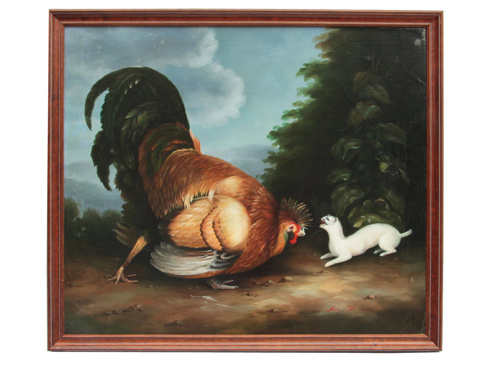 AN ANTIQUE OIL ON CANVAS PAINTING 18TH C: An antique oil on canvas painting depiÑting a large rooster and a white ferret. Signed "Ahen (?). Thomas" lower right. A large rooster with magnificent plumage curiously bent down to the ferret, whic