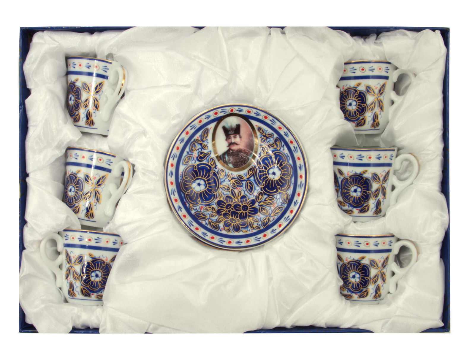 A RUSSIAN GARDNER PORCELAIN SERVICE LATE 19TH C: A porcelain service made-up of six coffee cups with six saucers. The service was made for the Persian market at the end of the 19th century. The cups and saucers are decorated with floral designs, gil