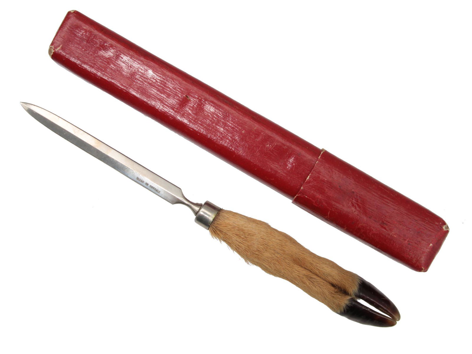 A VINTAGE AUSTRIAN LETTER OPENER WITH DEER'S HOOF: An early 20th century original Austrian letter opener with a deer's hoof handle. Marked on the blade "MADE IN AUSTRIA" Dimensions: L: 10 3/4 in. (27.3 cm.)