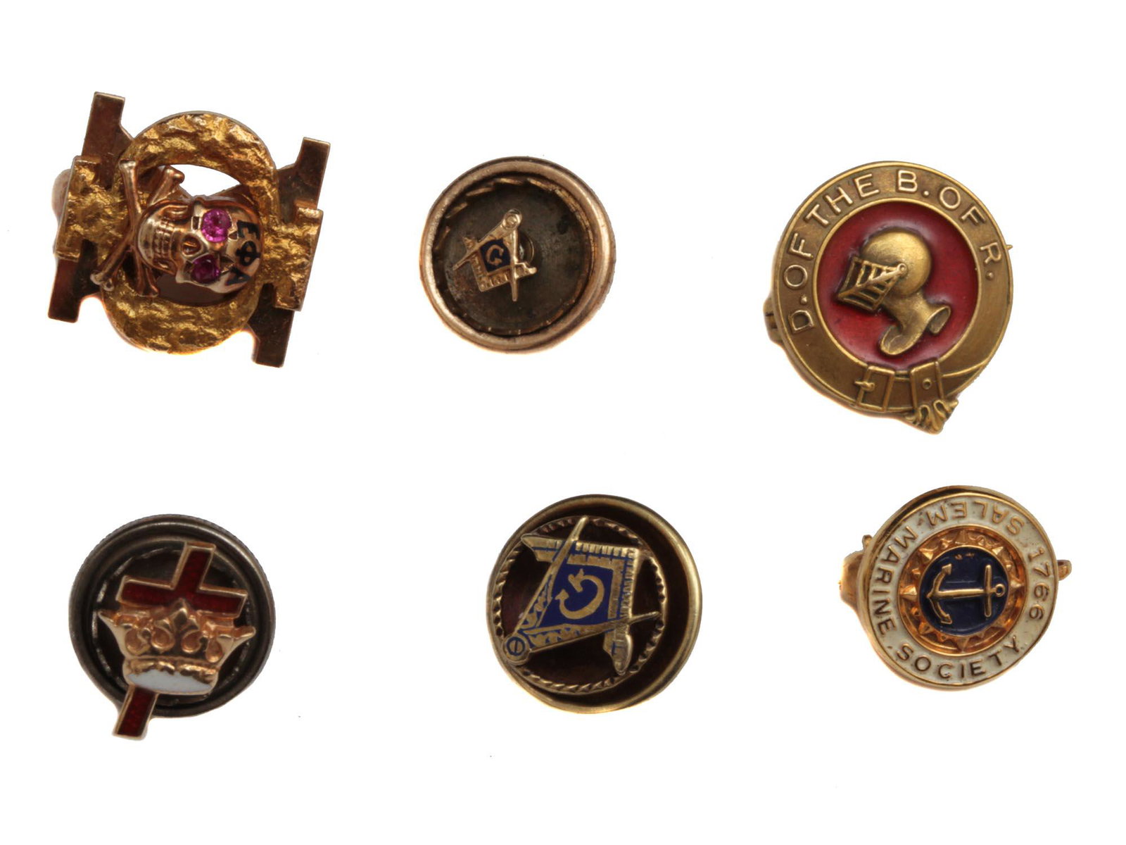 A GROUP OF 6 ENAMEL OVER 14K GOLD MEMBERS BADGES: A lot of six very rare 14k gold and enamel badges/pins. Three masonic lodge members pins including Knights Templar. One fraternity pin. Salem marine society 1766 member gold pin. Also one pin that we 