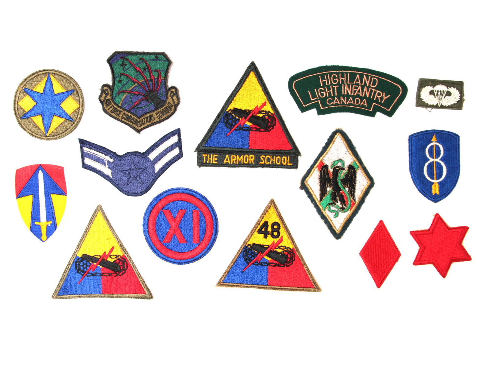 A LOT OF 14 VARIOUS MILITARY PATCHES: Lot includes patches from the 46th Infantry Division, Armored Forces, 48th Armored Division, 5th Infantry Division, 6th Infantry Division, 8th Infantry Division, Armor School patch, Airborne Jump Wing