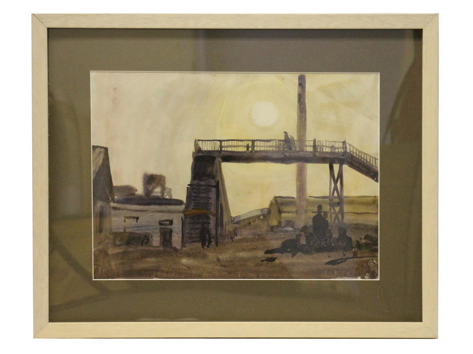 AN ANTIQUE RUSSIAN SOVIET PAINTING BY VETROGONSKY: A rare Russian Soviet watercolor painting on paper, in industrial style by Russian artist Vladimir Aleksandrovitch Vetrogonsky 1923-2002. Signed with initials and dated, lower left. Dimensions: Frame 