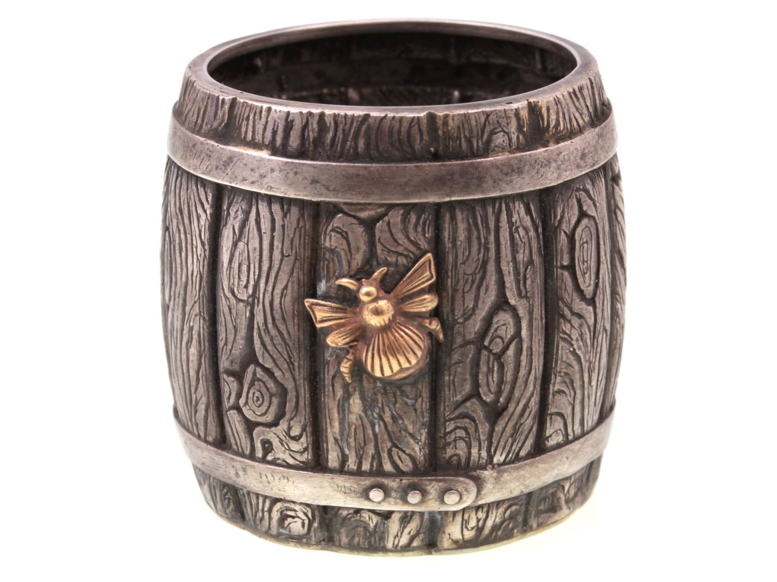 A RUSSIAN 84 SILVER TRADITIONAL BEAKER: A rare Russian 84 silver traditional beaker in the shape of barrel with gilded silver bee siting on it. Marked with 84 silver standard mark. Dimensions: H: 1 3/4 in.