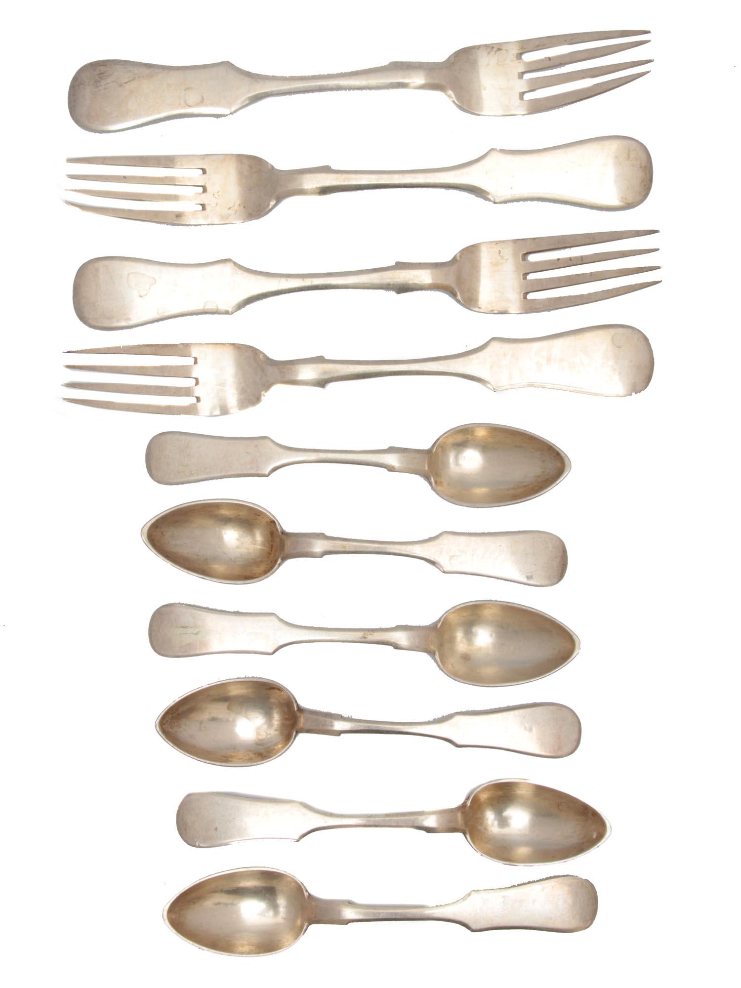 AN ANTIQUE LOT OF TEN RUSSIAN SILVER FLATWARE: This a rare set of 10 pieces of Russian 84 silver flatware. Includes six spoons and four dinner forks. Made by I. Gold in a city of Vilna. Circa 19th century. Total weight 523 gr. Dimensions: Smallest