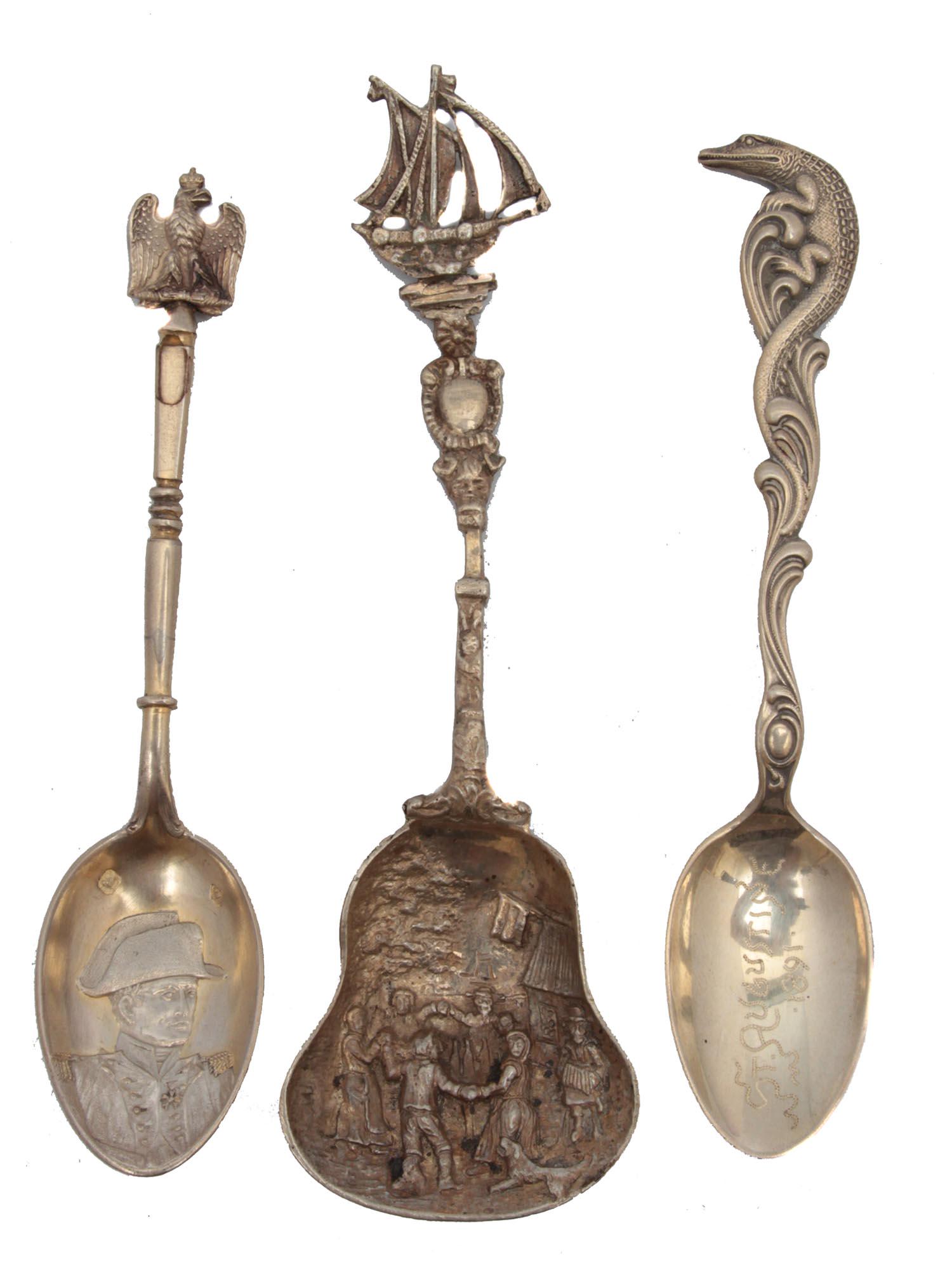 A LOT OF THREE ANTIQUE SILVER SOUVENIR SPOON: A set of rare antique sterling silver collectors souvenir spoons. First: with Napoleon Bonaparte portrait. Second: is a Dutch sugar spoon. Third: commemorating St Augustine and dated 1891. Circa late