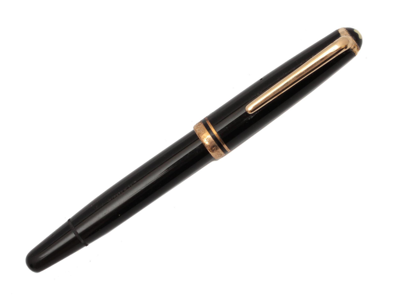 A VINTAGE ORIGINAL MONTBLANC FOUNTAIN PEN: A vintage Montblanc fountain pen with 14 K gold nib, marked Monte Rosa 14C 585. Dimensions: L: 5 in.