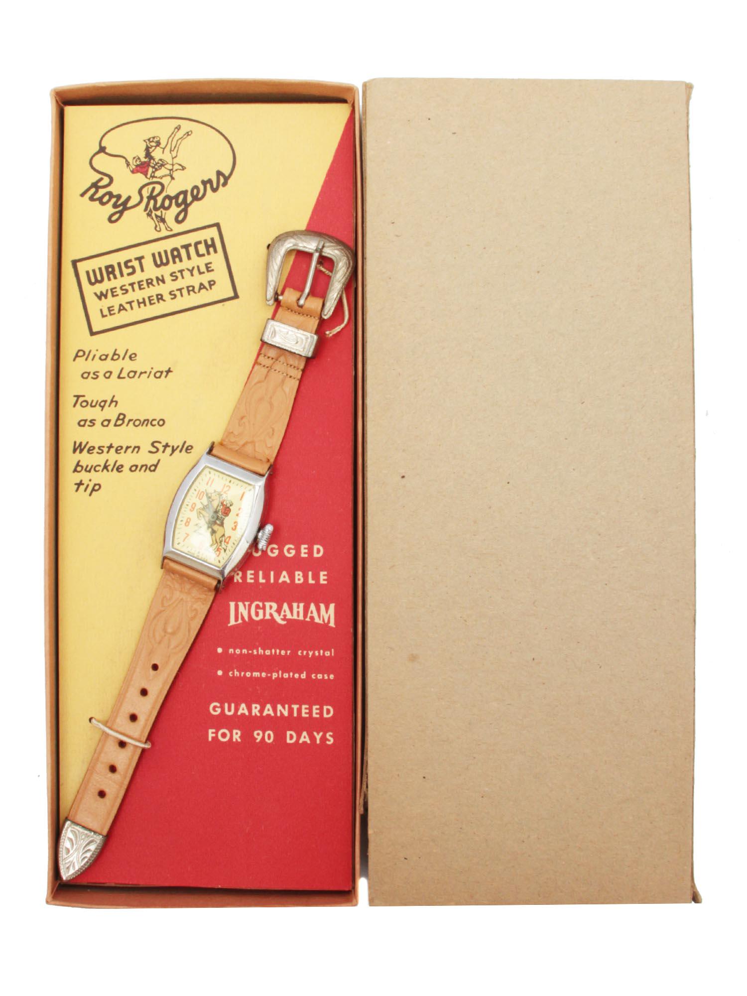 A VINTAGE COLLECTIBLE ROY ROGERS WRIST WATCH: This vintage Roy Rogers wristwatch series number WW 160, made by the E. Ingraham Company of Bristol. Circa: 1960's. Dimensions: Box size: 8 3/4 x 3 1/2 in.